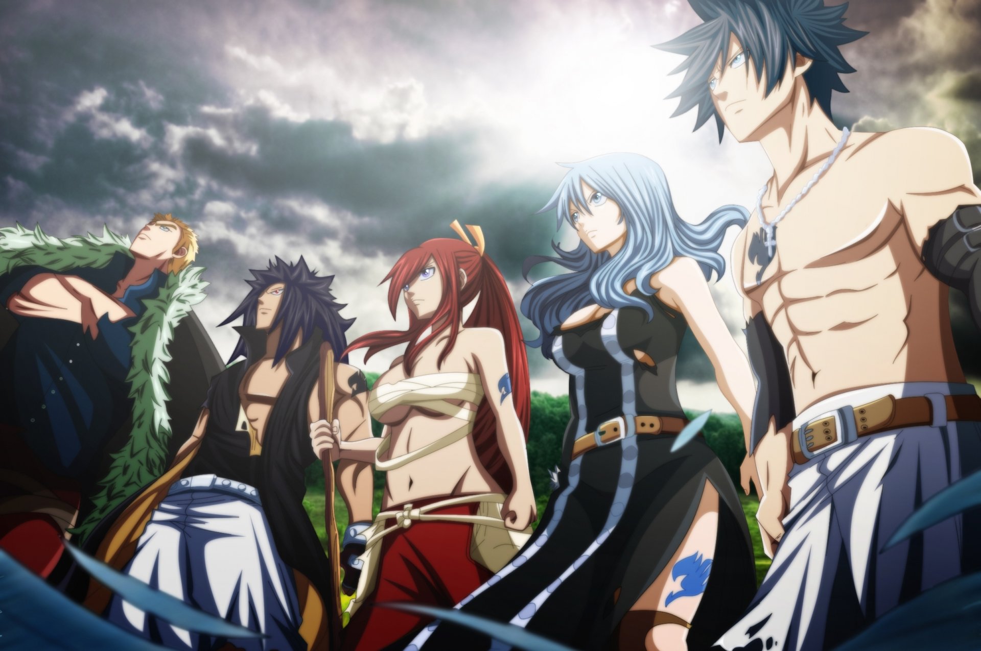 art futuretabs fairy tail anime tale about the fairy tail erza scarlet gray fullbuster juvia loxar gajeel redfox laxus dreyar man girls bandages clouds sky