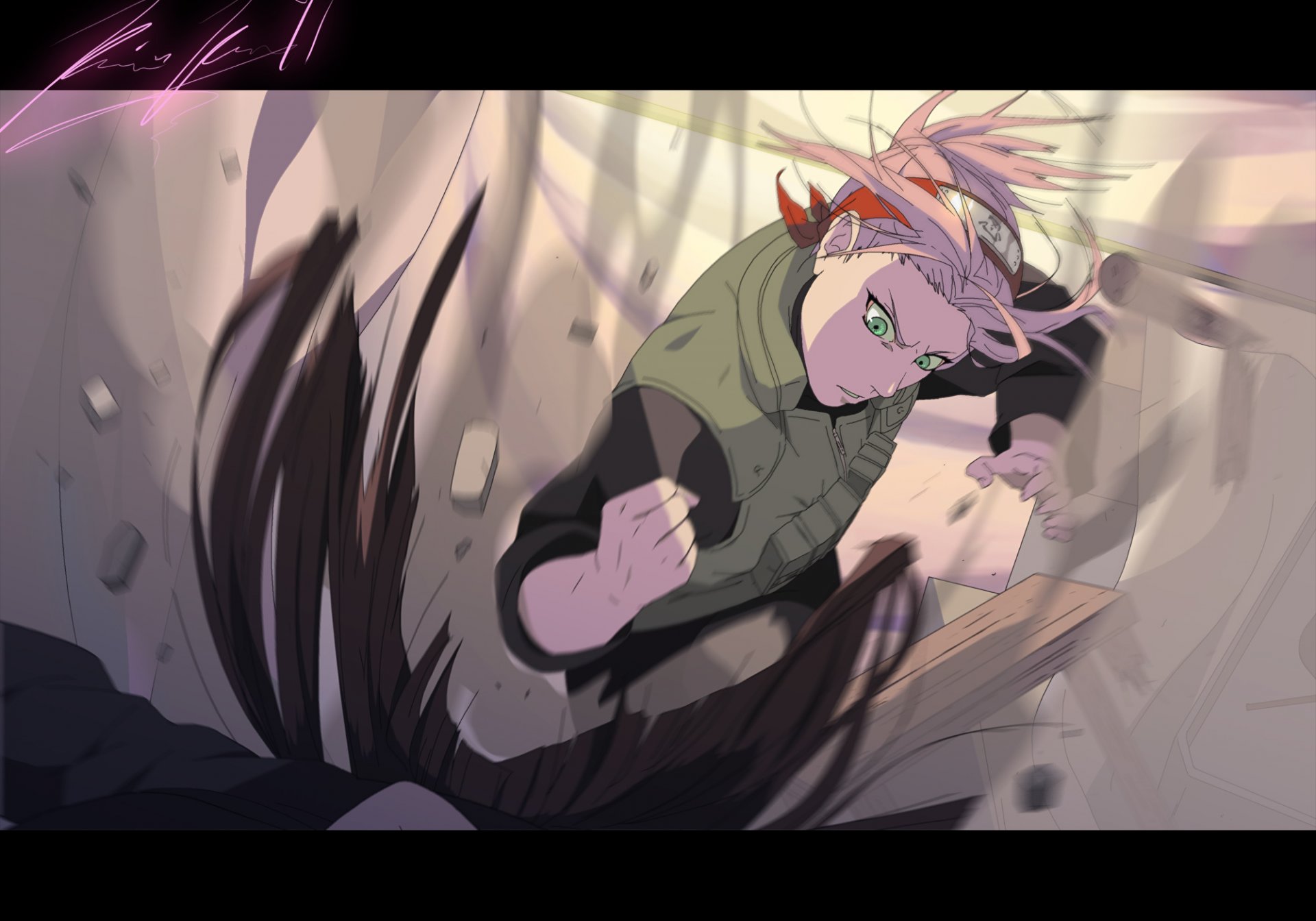 naruto sakura haruno fille coup de pied poussière pierres bandeau regard