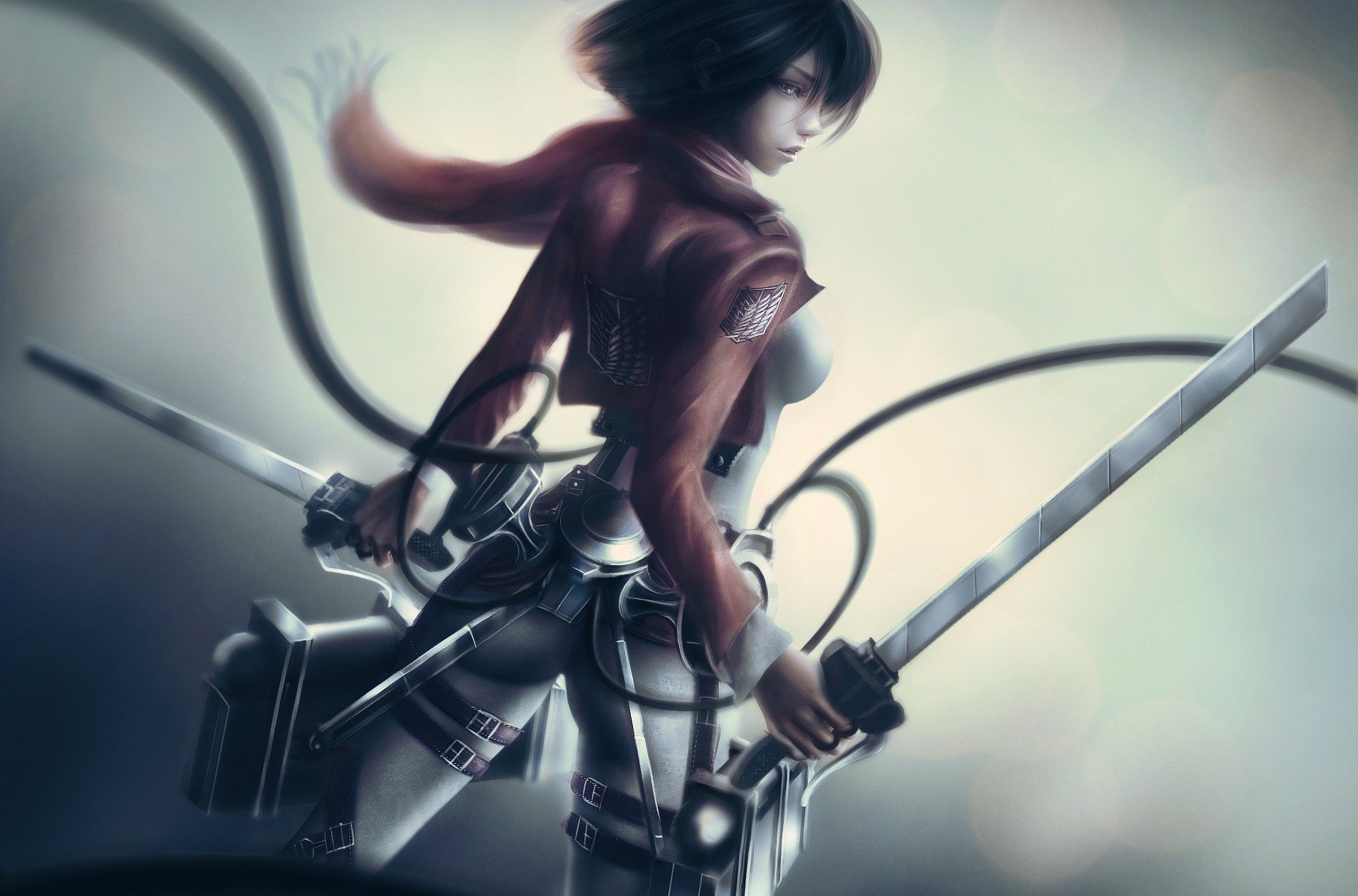 art attaque sur titan l invasion des titans shingeki pas kyojin mikasa ackerman épée lames dos ceintures fil écharpe