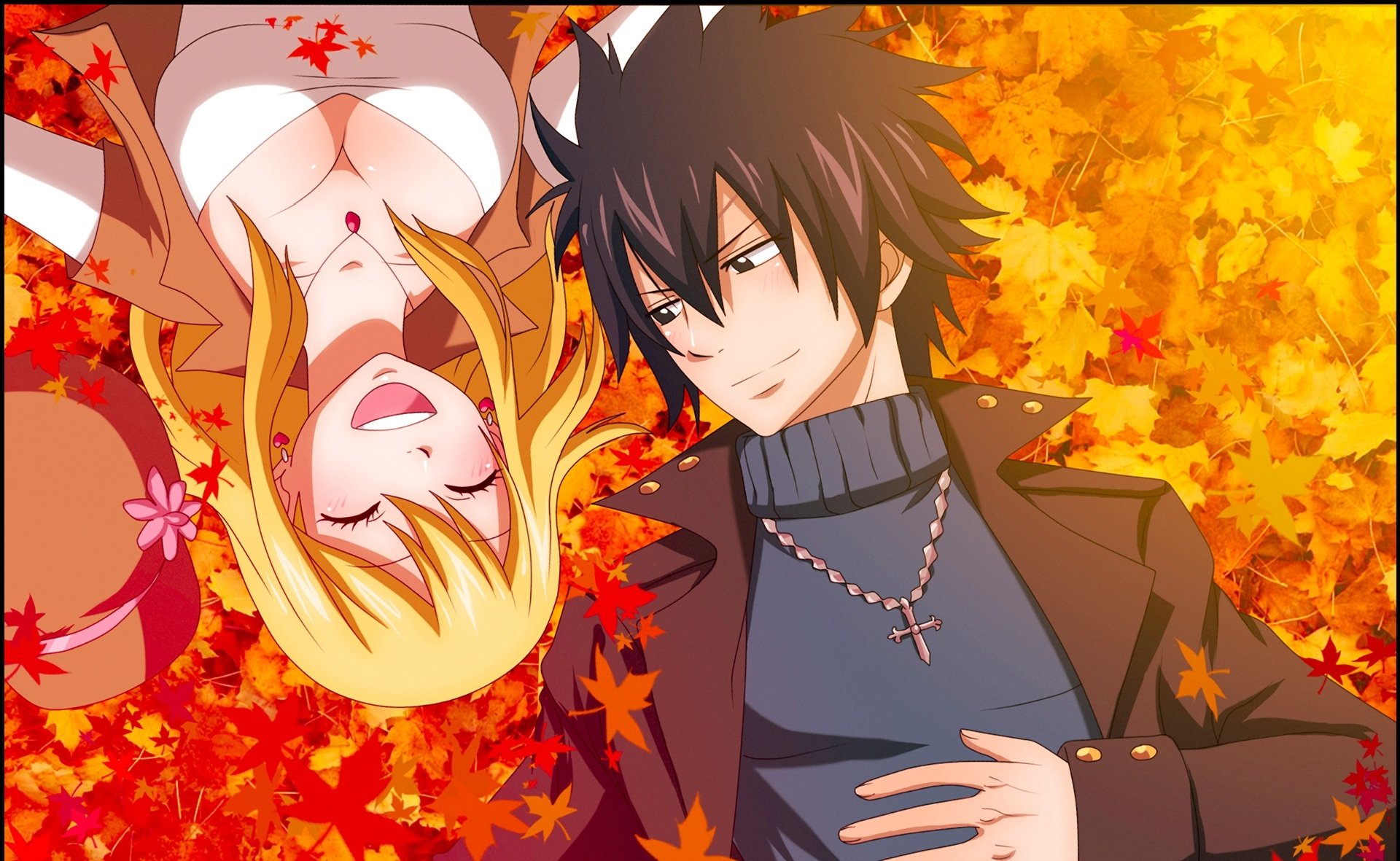 fairy tale fairy tail fairy tail tale grey lucy heartfilia anime guy girl couple smile joy autumn leave