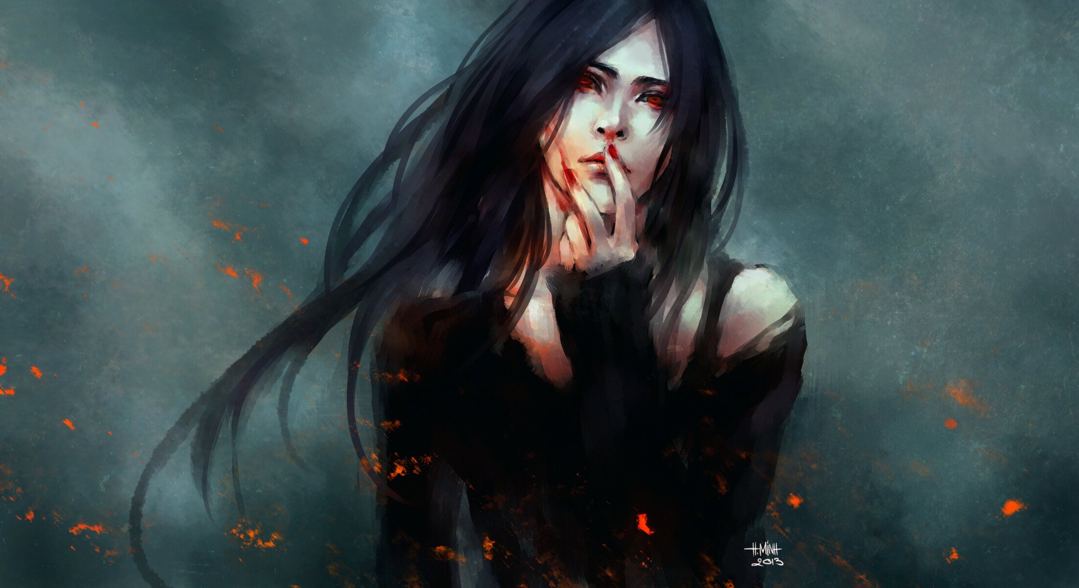 art nanfe girl gesture blood fire