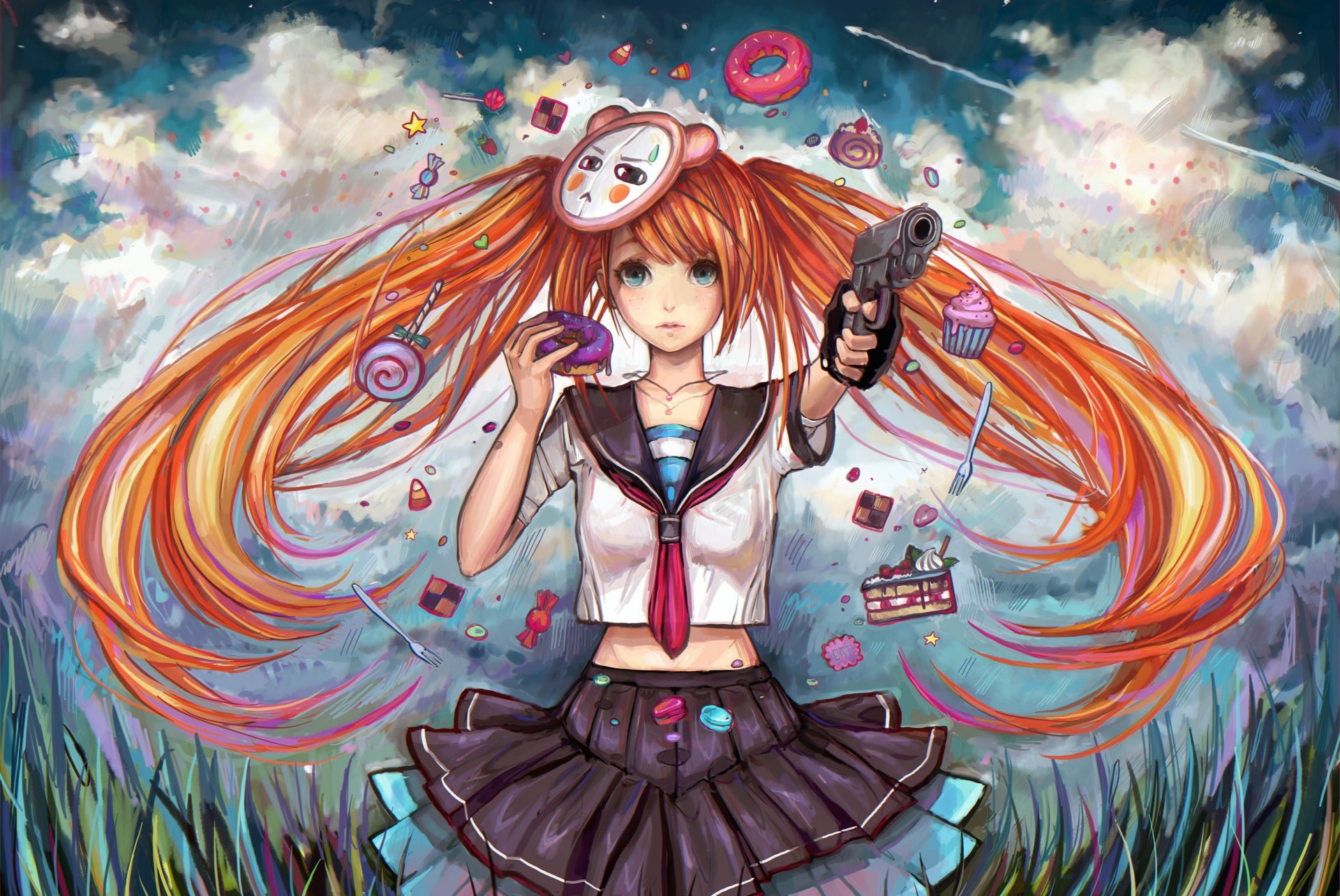 art girl redhead ponytails weapon donut gun mask sweet