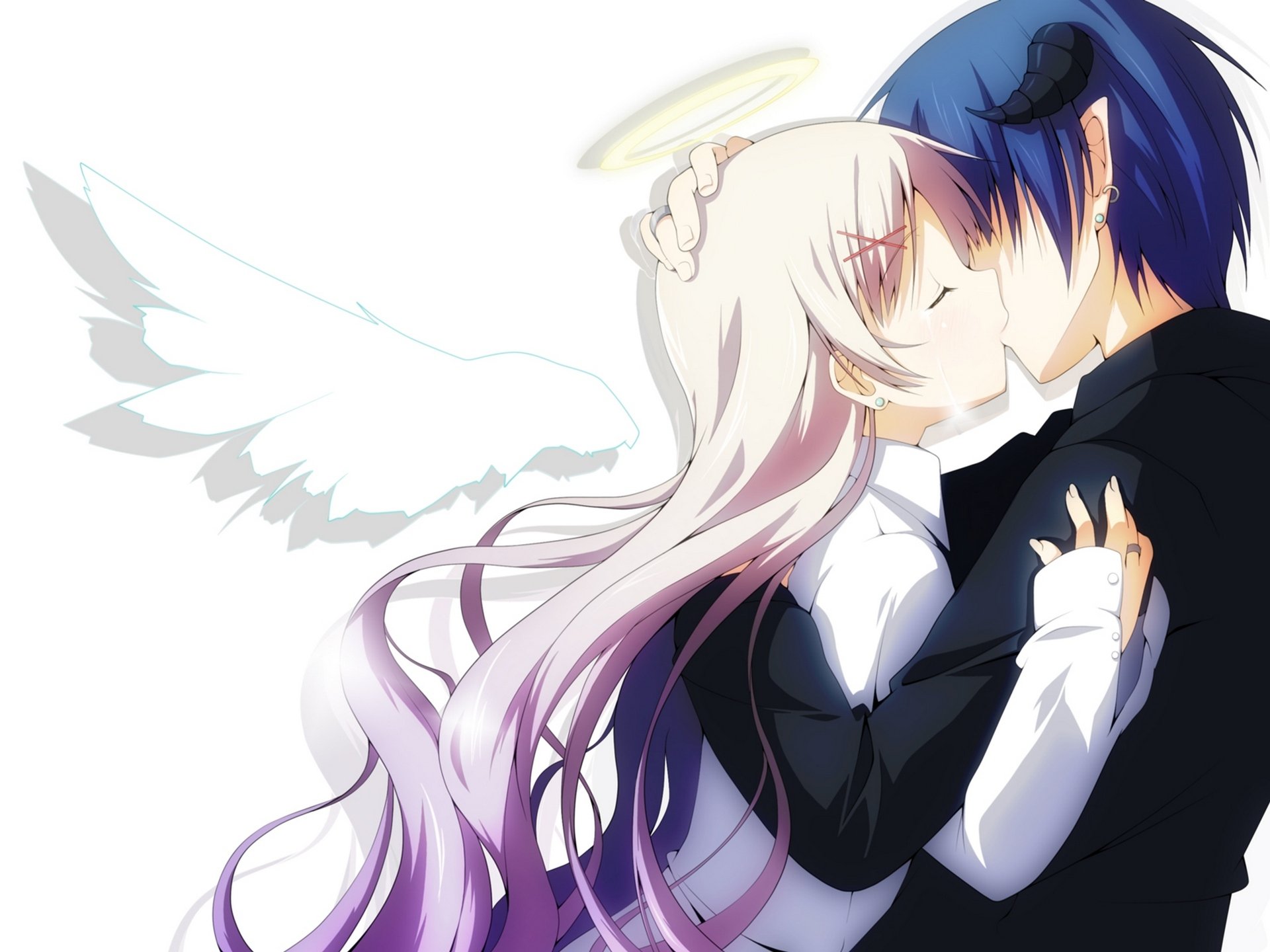 arte yuzuki kei chica chico ángel halo demonio cuernos alas beso lágrimas dos pareja anime