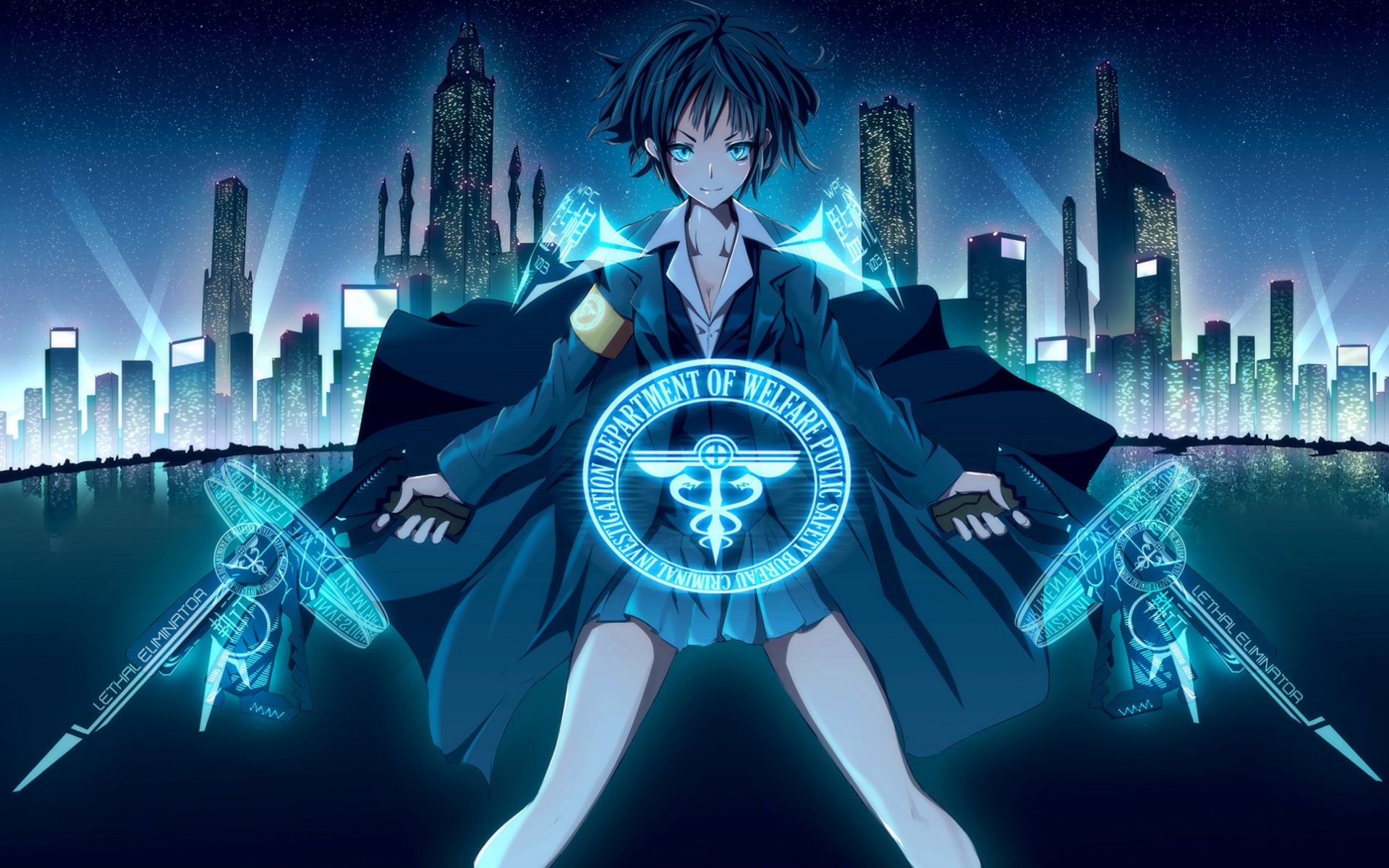 psycho-pass tsunemori akane eliminator psycho-pass mädchen pistolen symbolik nacht stadt sterne