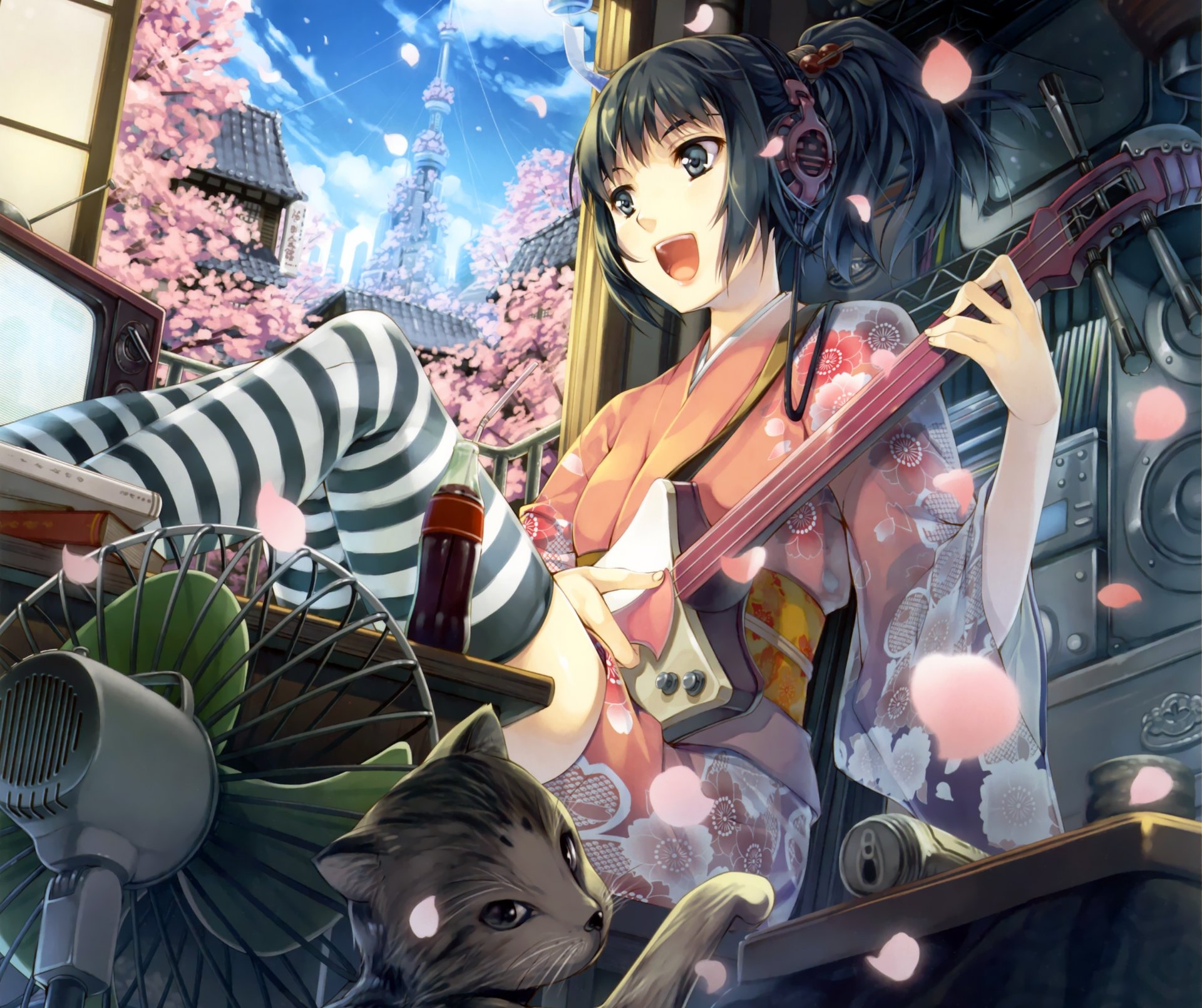 art beczka dziewczyna gitara kot wentylator płatki sakura domy niebo chmury drzewa telewizor butelka słuchawki kimono anime słoik