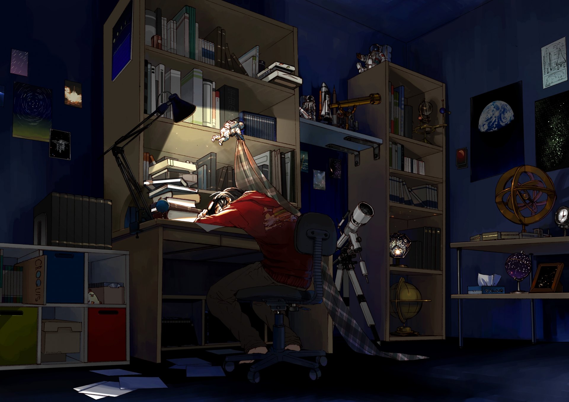 arte anime arte ragazzo sonno notte camera libri telescopio disordine