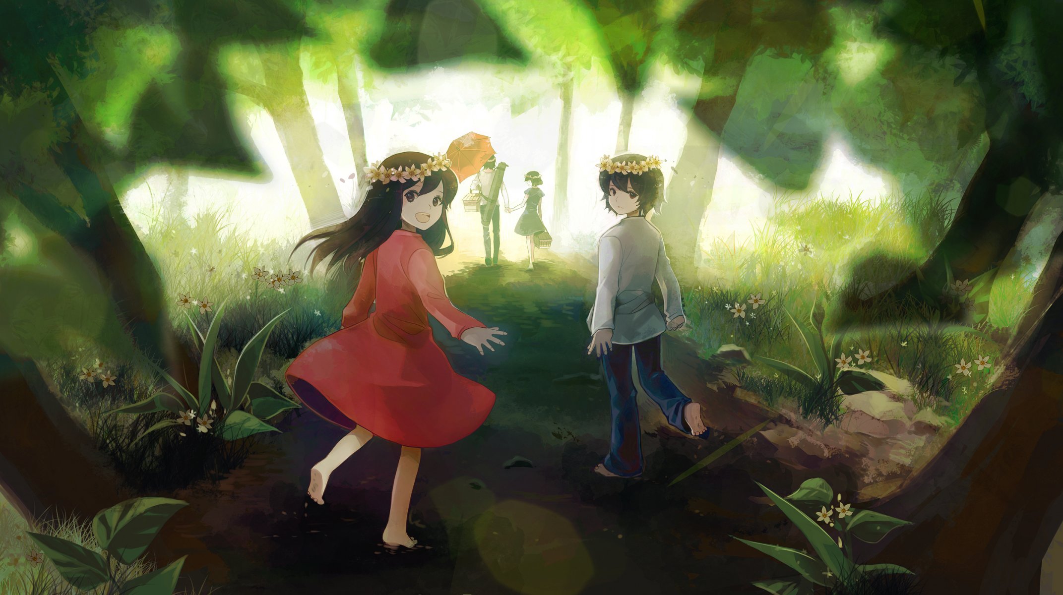 art chris wolf children ookami kodomo no ame to yuki ame hana ookami otoko yuki girl boys wreaths anime children forest nature tree smile flower road umbrella picnic family