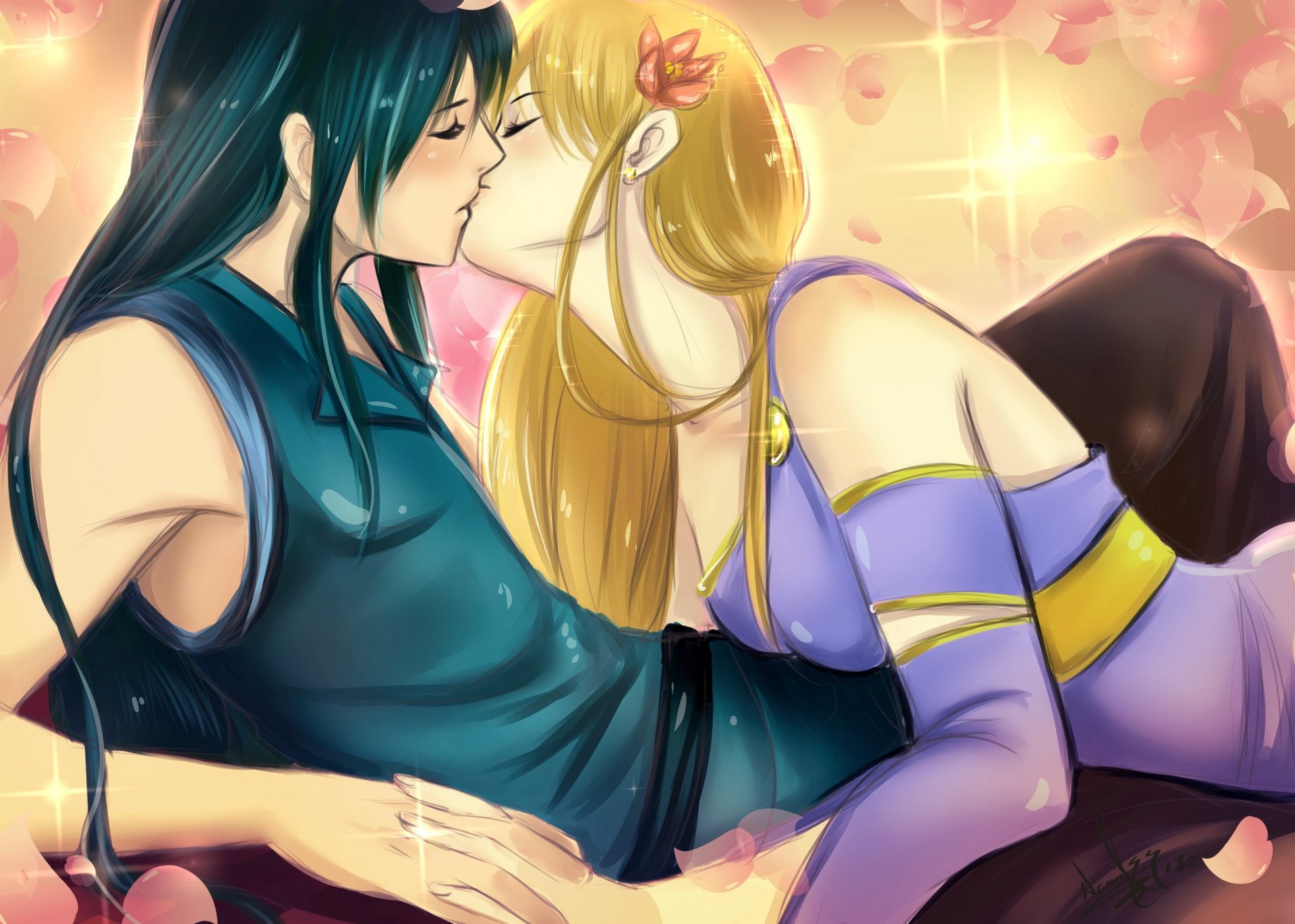 art tielss fille garçon baiser couple anime pétales fleur