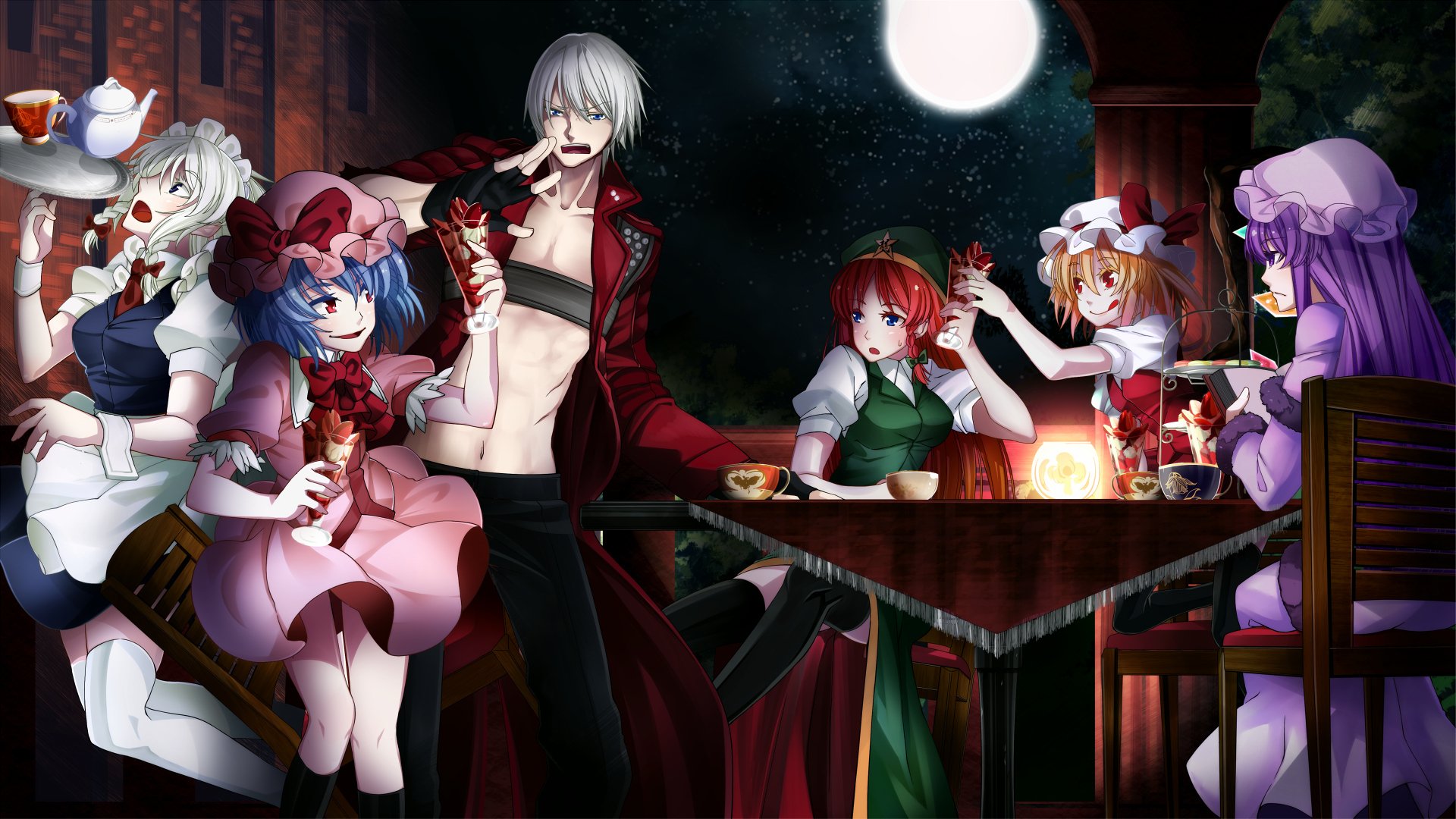 devil may cry dante touhou flandre scarlet hong meilin izaei sakuya patchouli connaissances remilia écarlate guy filles loisirs table nuit thé boissons lune humour amusement indignation émotion chambre bougie cocktail suggestion