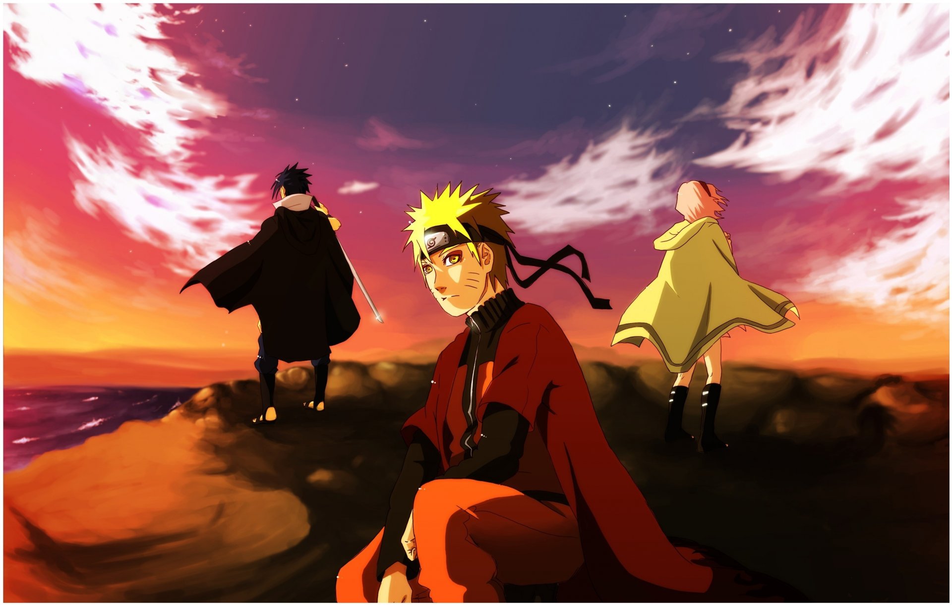 art naruto équipe de sept sasuke naruto uzumaki sakura haruno mer coucher de soleil