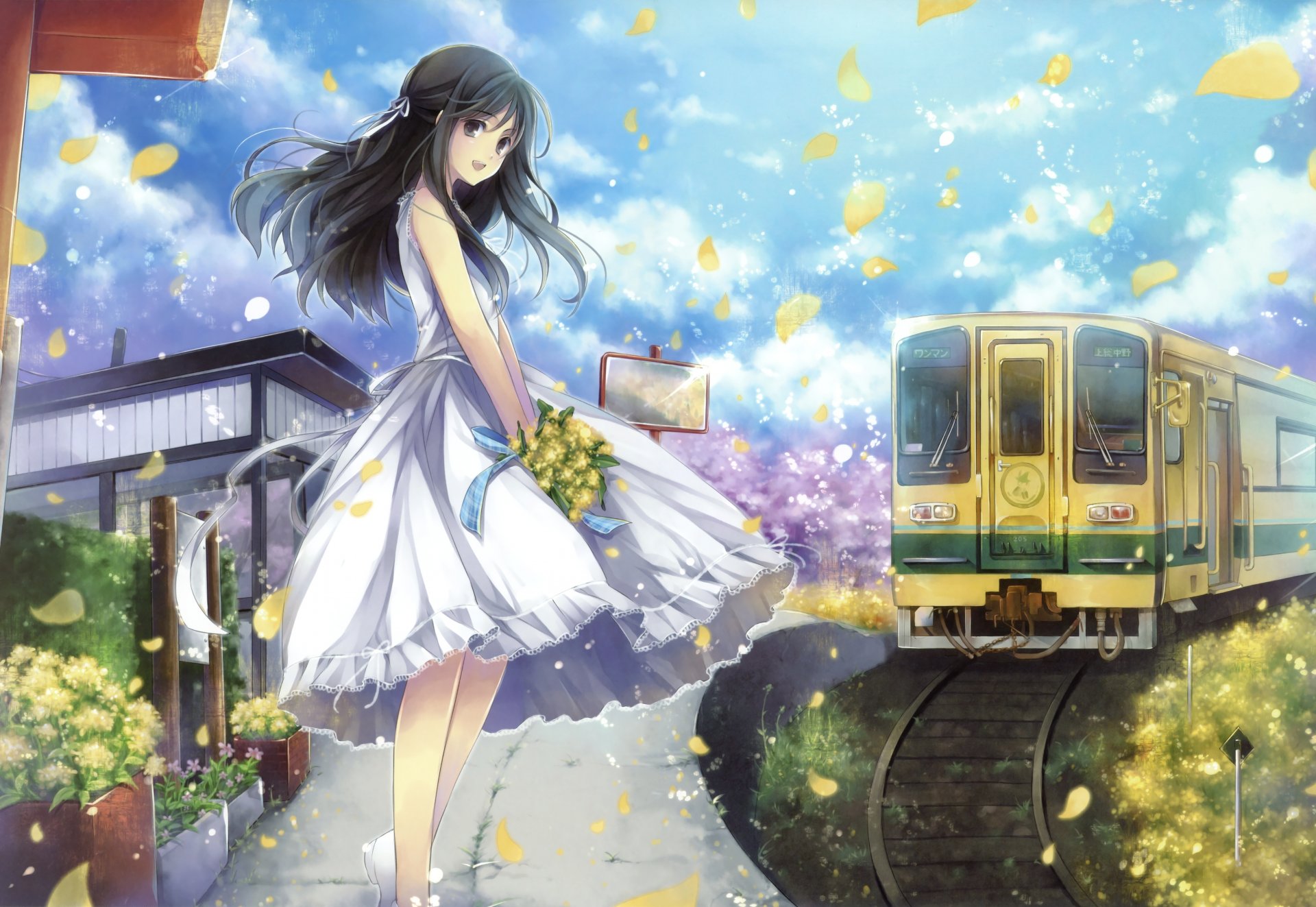 anime art girl long hair train bouquet flower petals dress hagiwara rin happiness smile