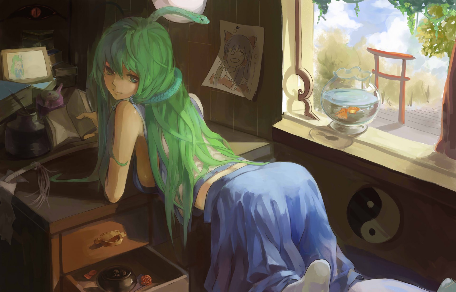 kochiya sanae touhou fille chambre fenêtre serpent serpent aquarium poisson poisson