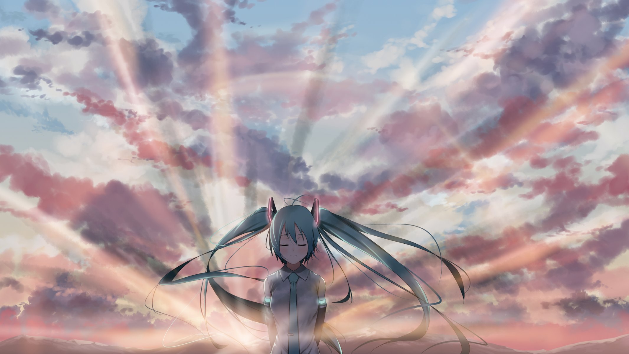 art vocaloid hatsune miku vocaloid fille nuages coucher de soleil