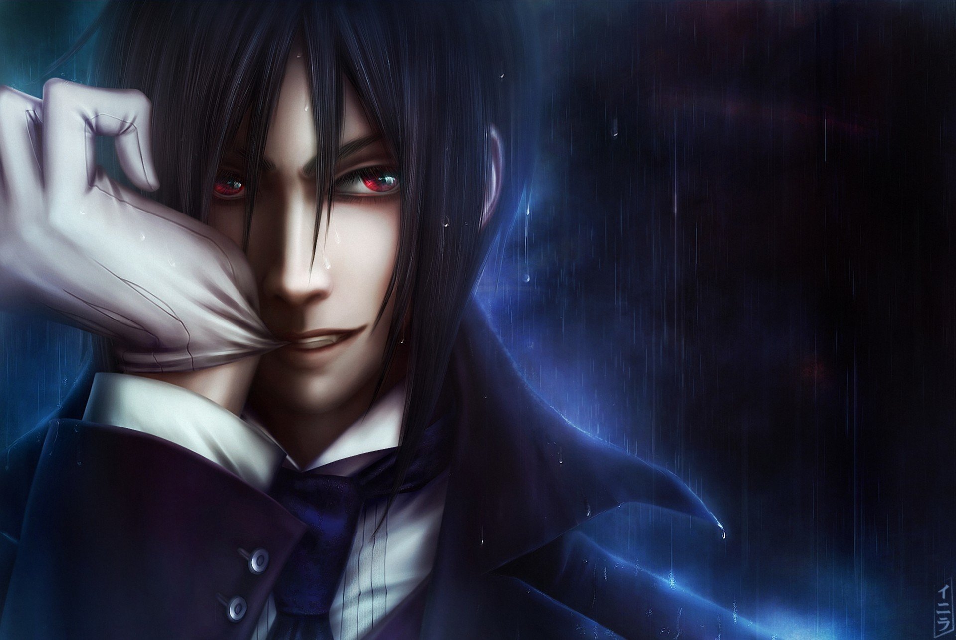 art inira kuroshitsuji majordome noir sebastian michaelis démon gars gant yeux rouges pluie