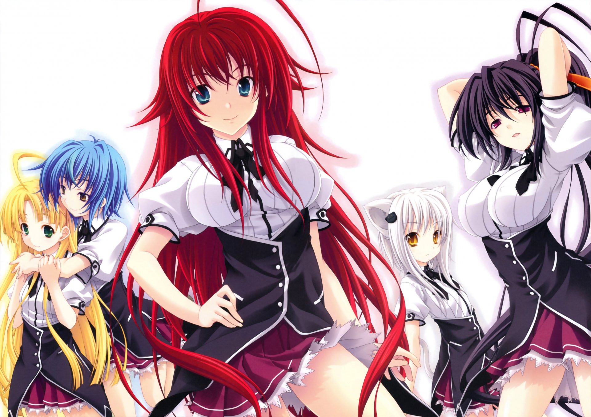 anime escuela secundaria dxd demonios de la escuela secundaria demonios asia argento himejima akeno rias gremory toujou koneko zenovia orejas cola uniforme escolar mirada sonrisa