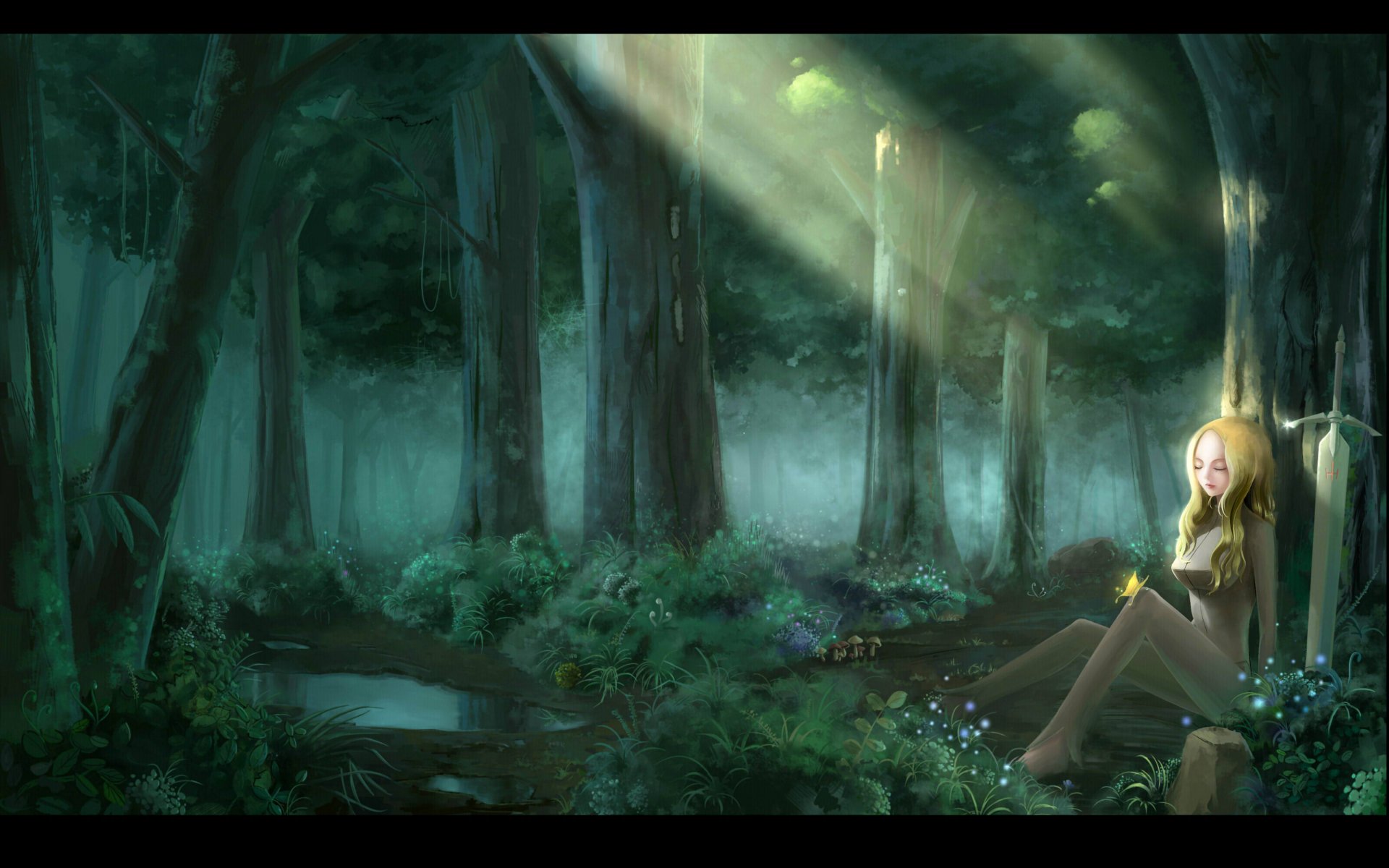 kunst claymore teresa mädchen anime natur schwert bäume wald licht schmetterling wasser blumen