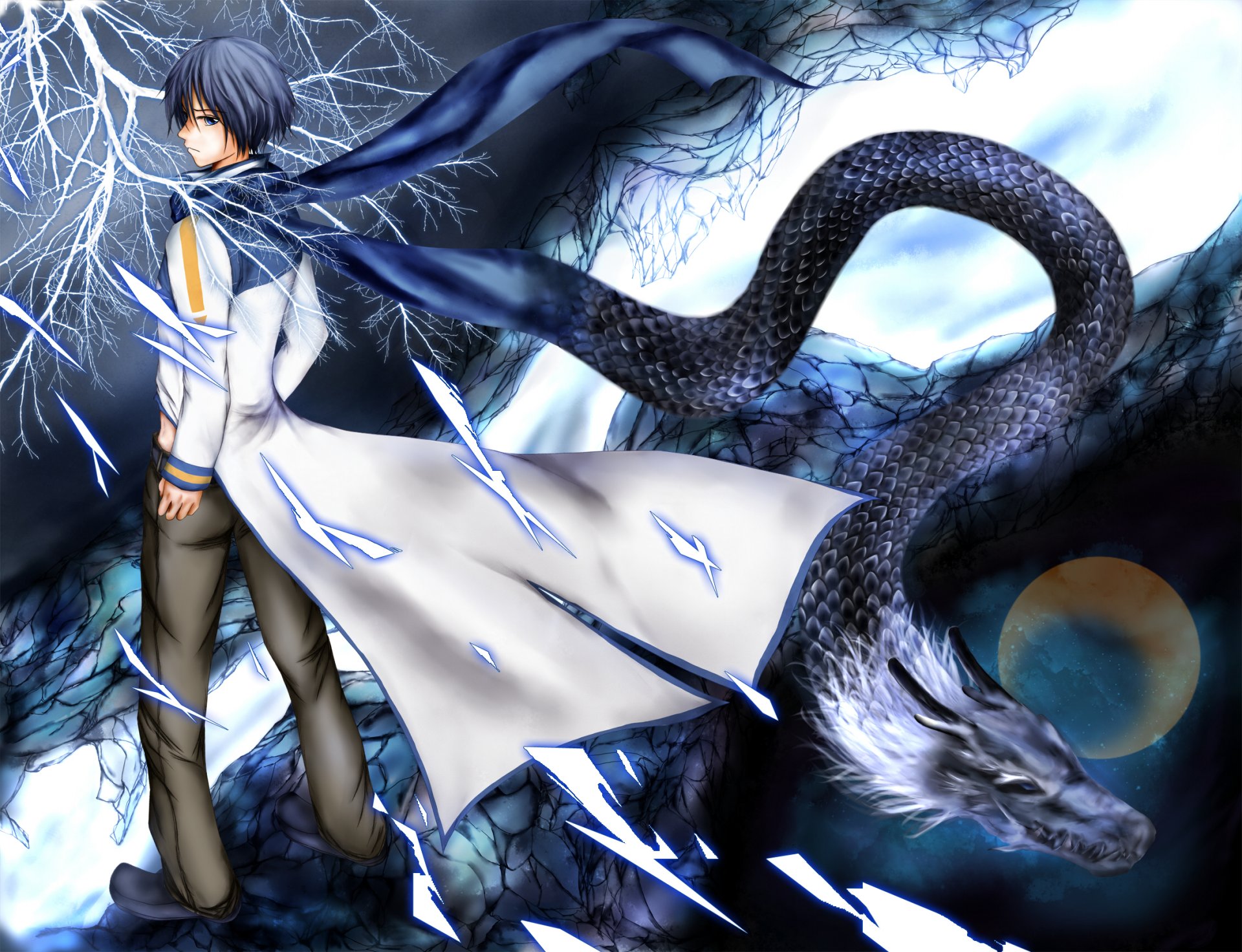 art vocaloid vocaloid kaito guy dragon ciel étoiles lune branches