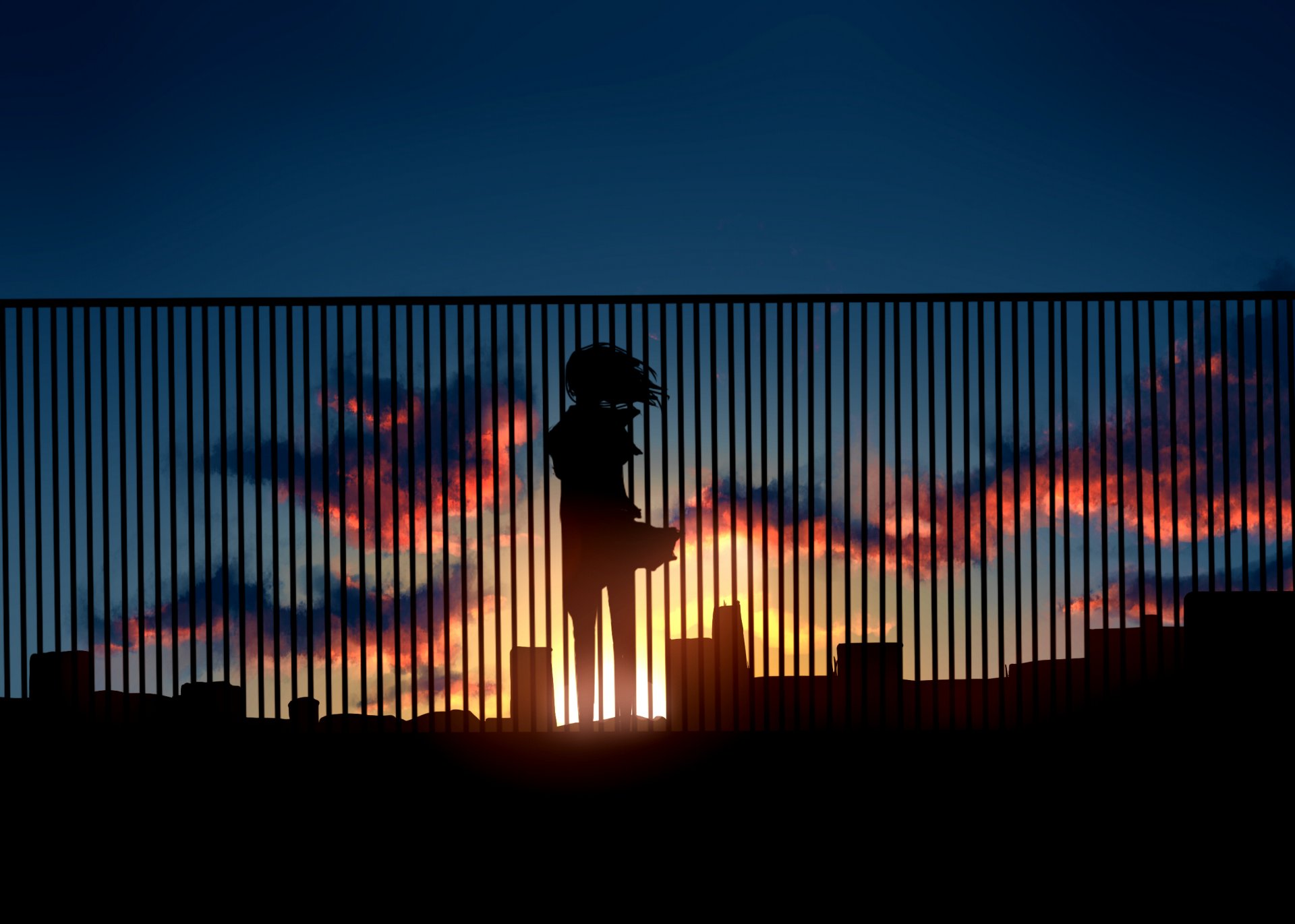 kunst kibunya 39 sonnenuntergang himmel wolken mädchen silhouette sonne zaun häuser anime