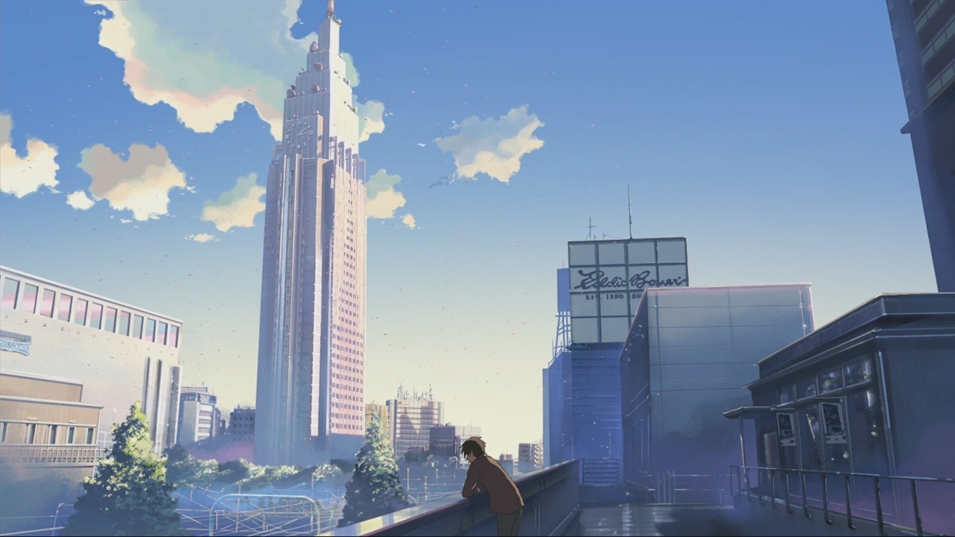 anime guy makoto sinkaj city sky houses skyscrapers stand