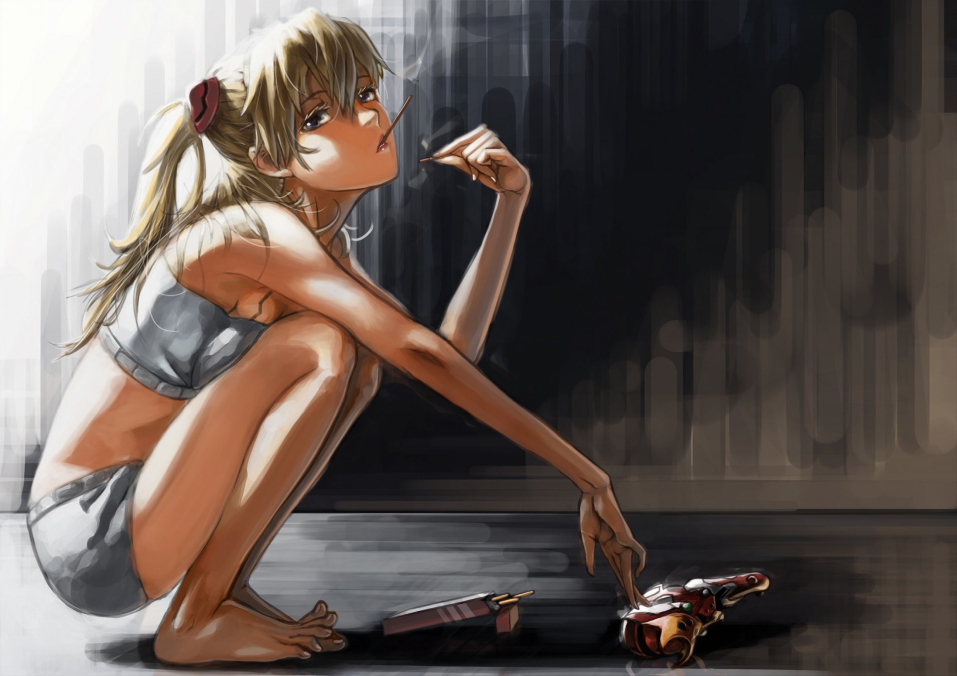 art lc neon genesis evangelion soryu asuka langley eva 02 fille bâtons doux biscuit tutu assis