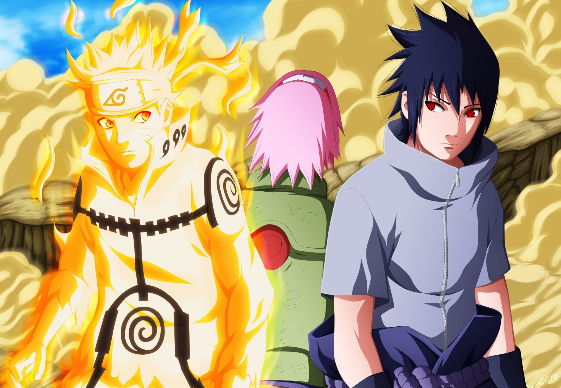 naruto uzumaki naruto sasuke haruno sakura 4 guerra ninja modalità kyubi mangekyo sharingan gilet tempo 7 manga 633 logo konohagakure no sato hitayate sharingan ninja 4 guerra shinobi modalità kurama modalità chakra sakura haruno