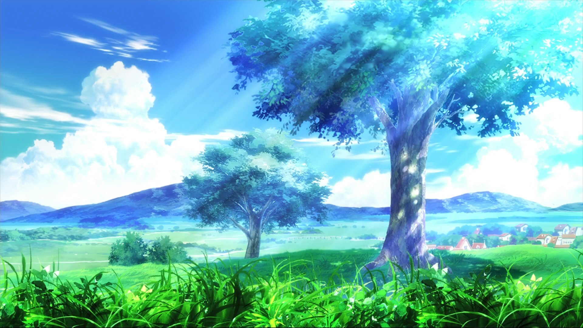 anime arbres herbe ciel nuages ville paysage montagnes