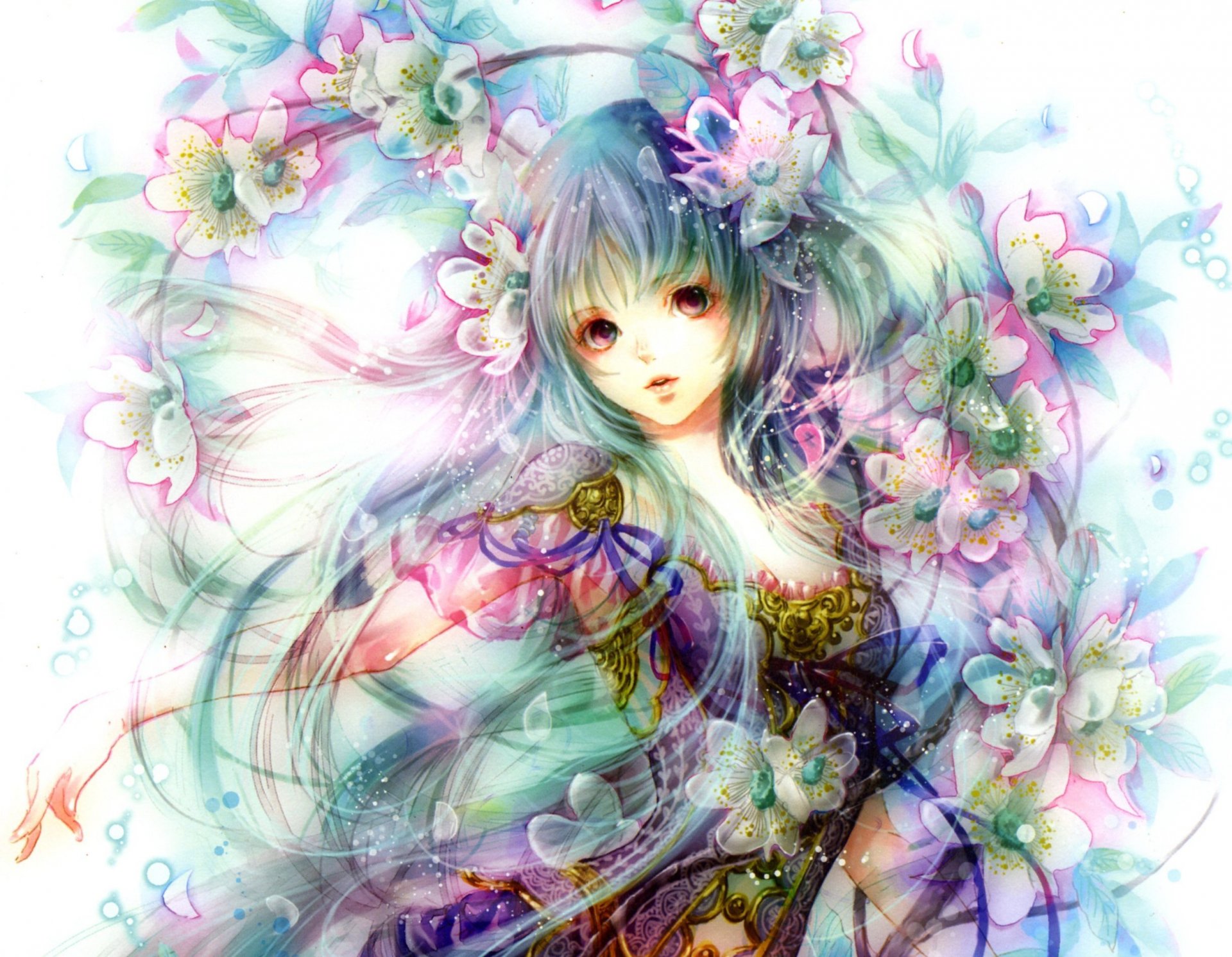 art tukiji nao verre vert fille fleurs anime