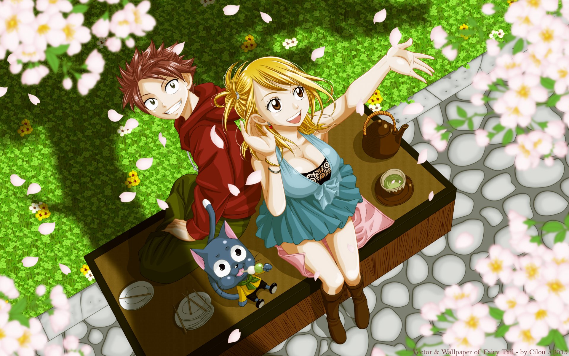 märchen glücklich lucy heartfilia natsu dragneel kerl mädchen tee-party frühling blüte