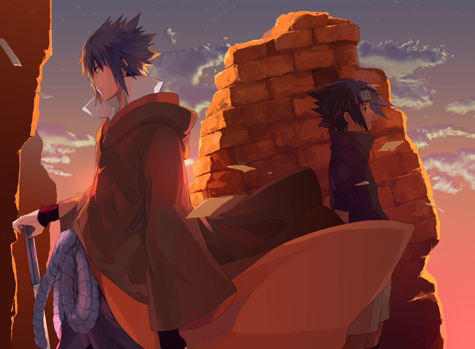 arte tosyoen anime naruto sasuke chico chico cielo nubes espada arma cuerda