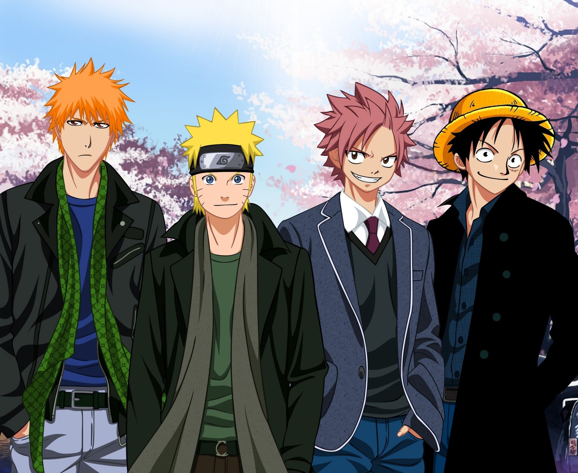 ichigo kurosaki naruto uzumaki natsu natsu dragneel luffy crossover ichigo kurosaki uzumaki naruto affe d. luffy bleichmittel märchen ein stück sinigami sinigami-ersatz larve hohl ninja maho magier pirat stroh hitayate