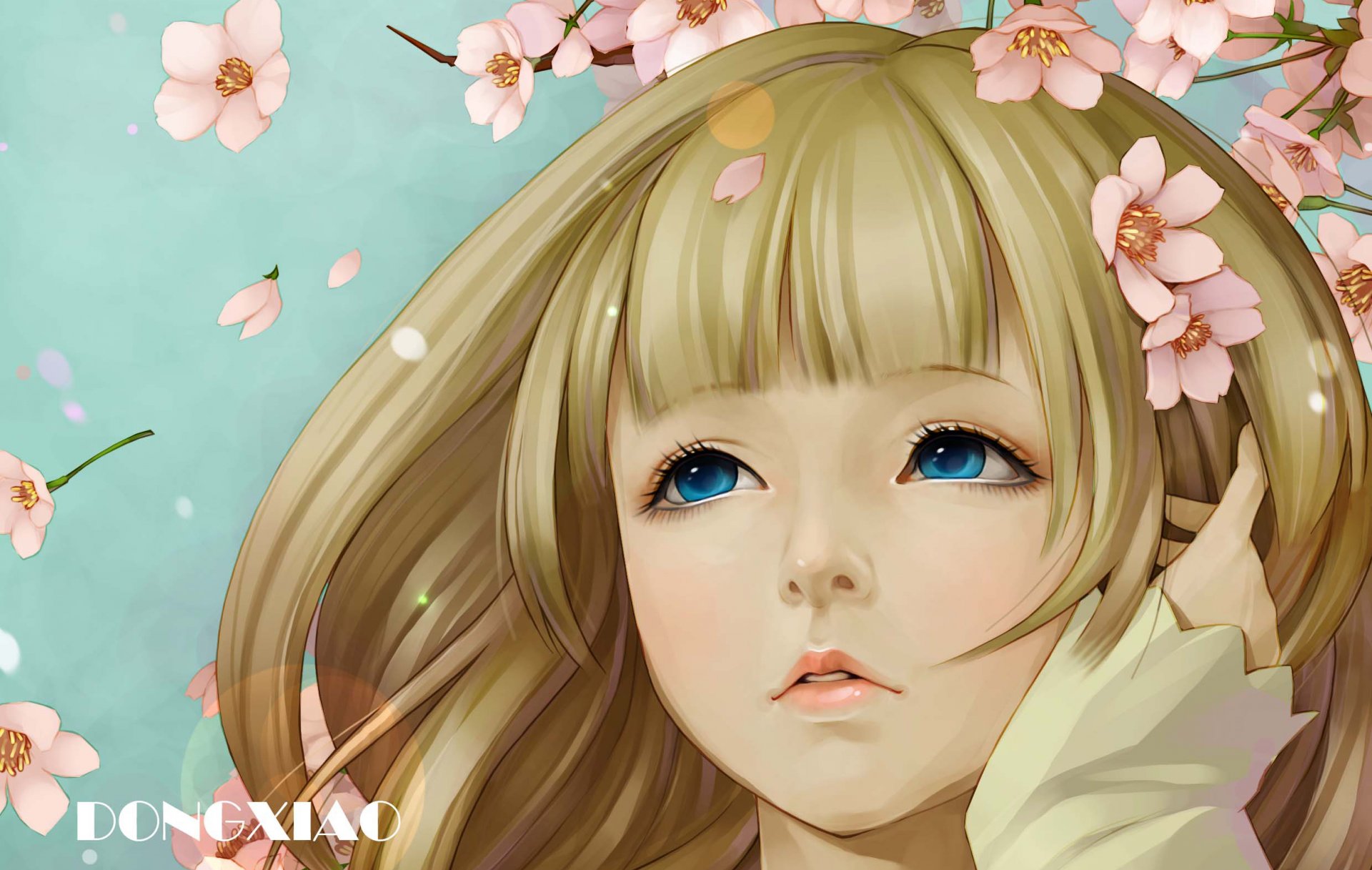 art dong xiao girl flower sakura blue eyes face petal