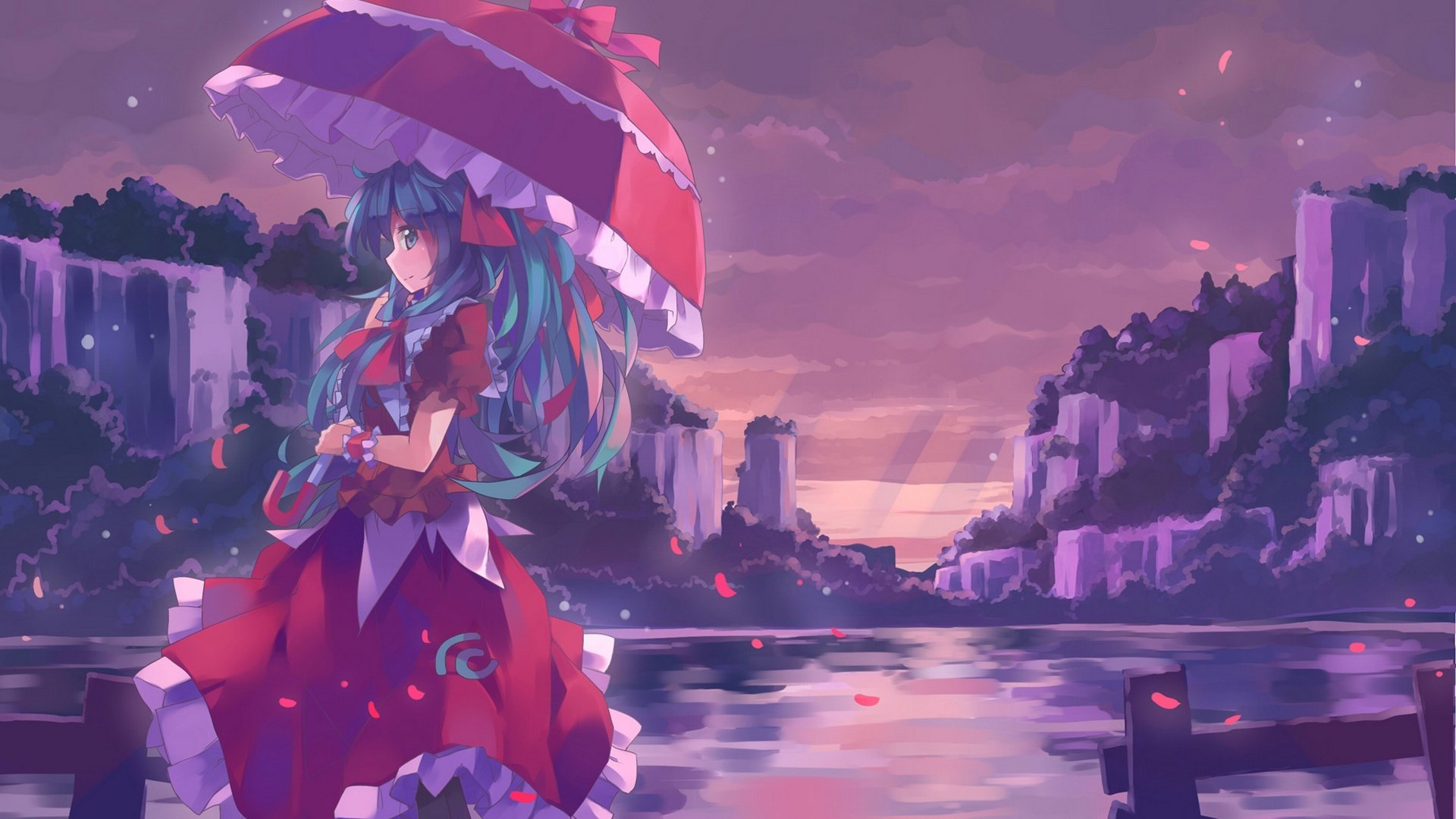 touhou kagiyama hina ragazza ombrello vestito acqua sorriso petali