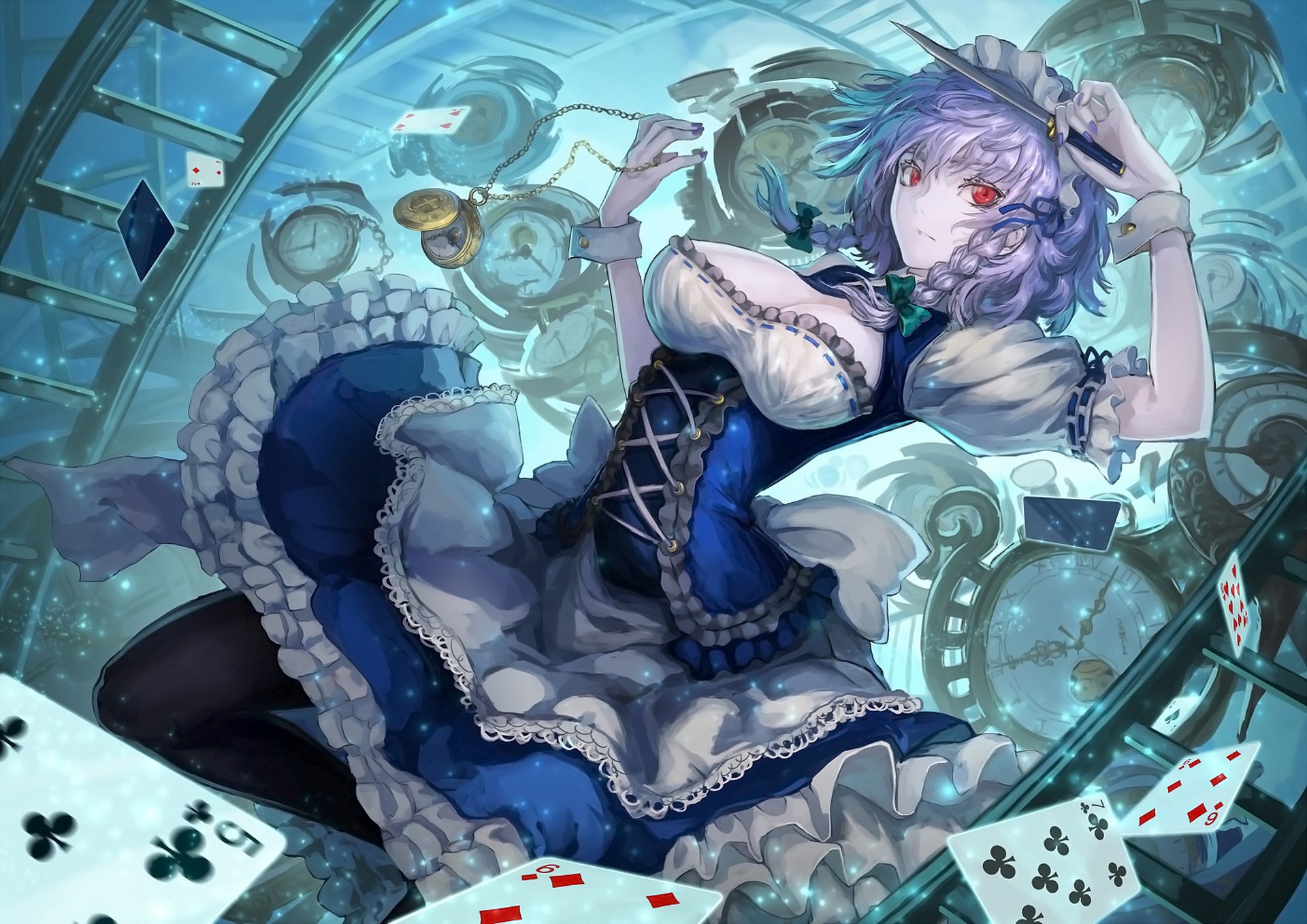 touhou girl maid watches cards knife