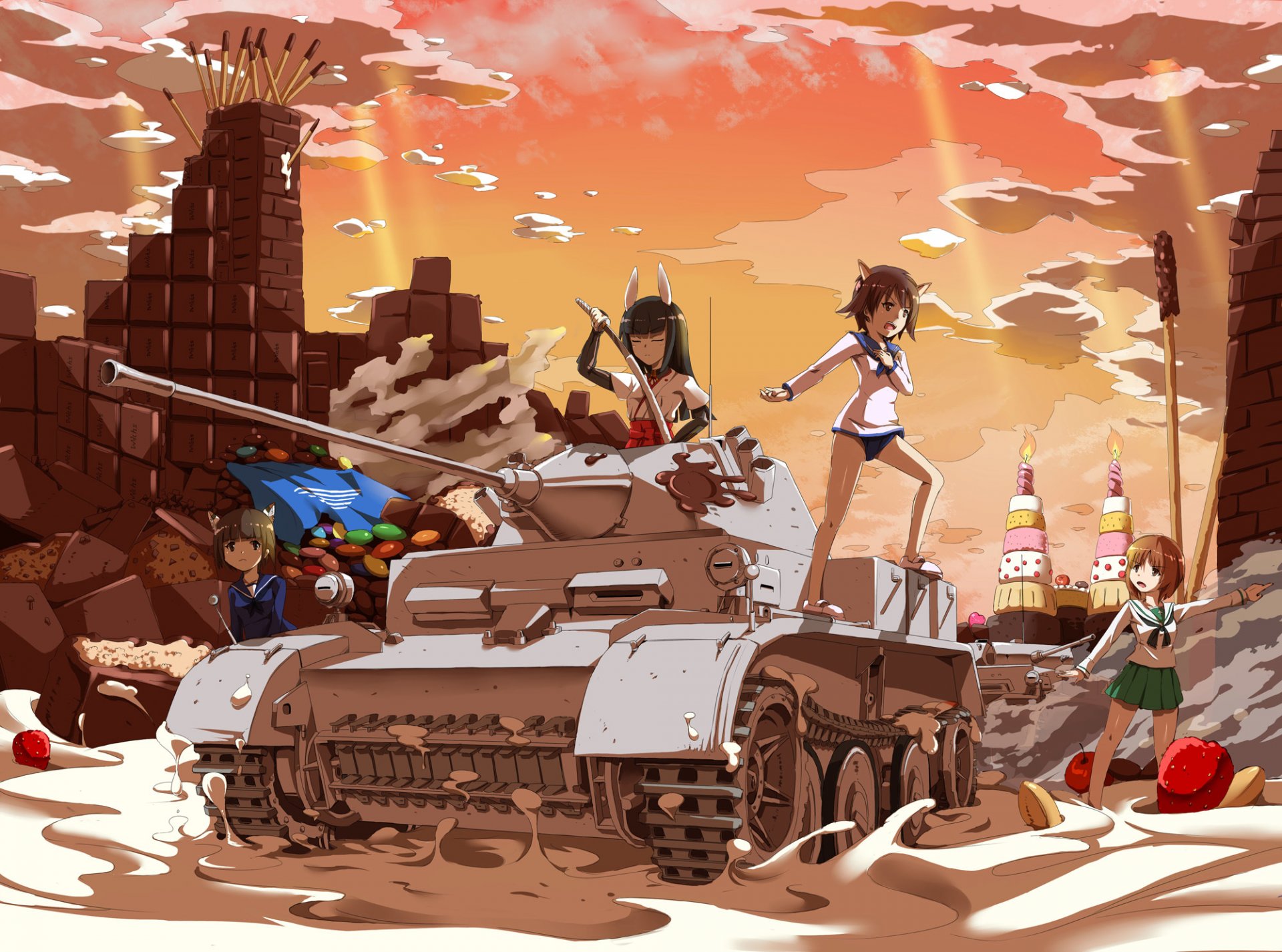 kunst sirills anime mädchen und panzer mädchen und panzer streikhexe sturmhexe anabuki tomoko miyafuji yoshika nishizumi miho sakomizu haruka mädchen tank süßigkeiten schokolade streichhölzer erdbeeren schulmädchen sonnenuntergang himmel wolken katana waffen