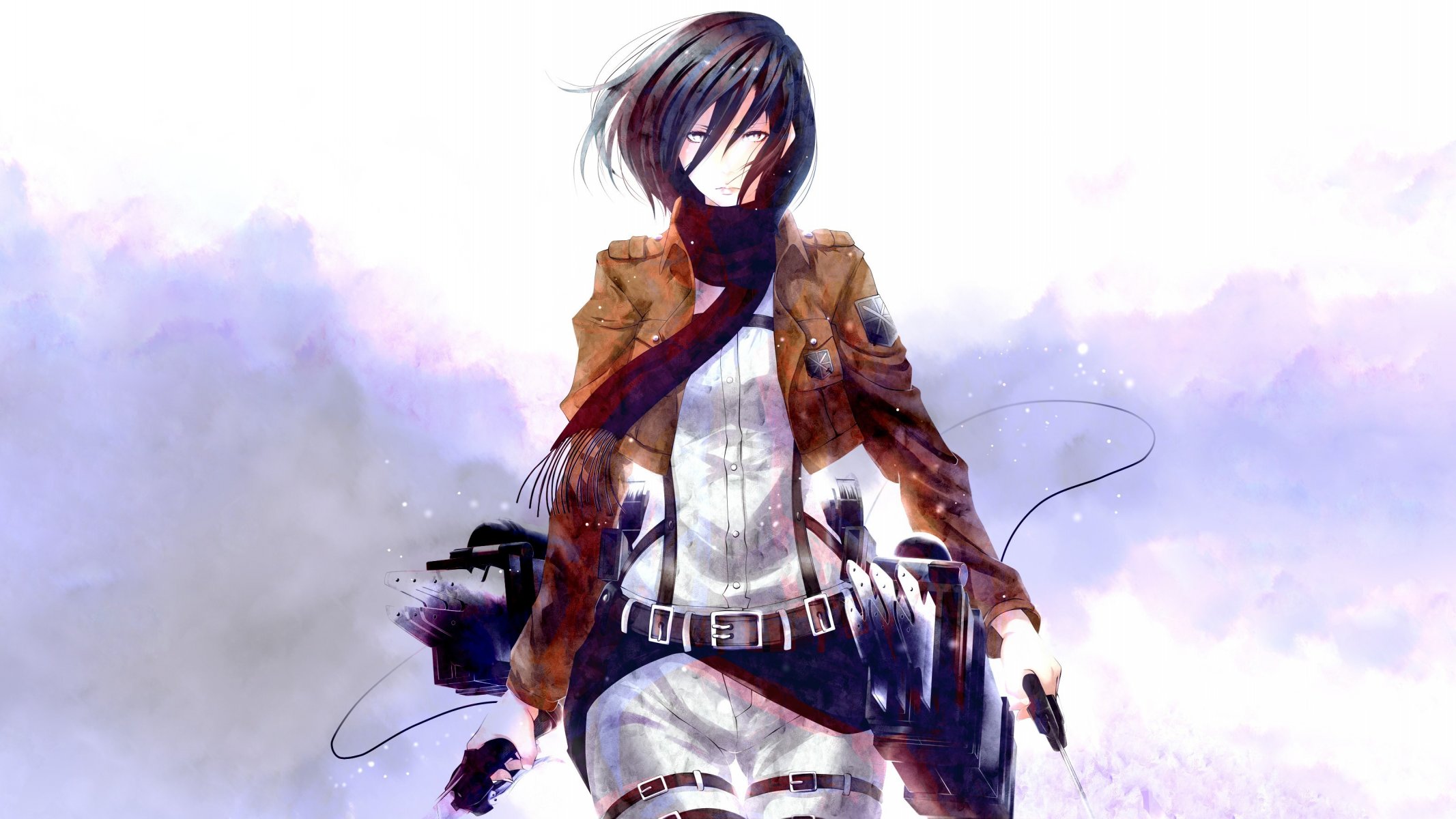 kunst pokergesicht-008 mädchen mikasa ackerman blick gleichgültigkeit schal soldat waffe klingen seile gürtel befestigungen rauch kein shingeki kein kyojin