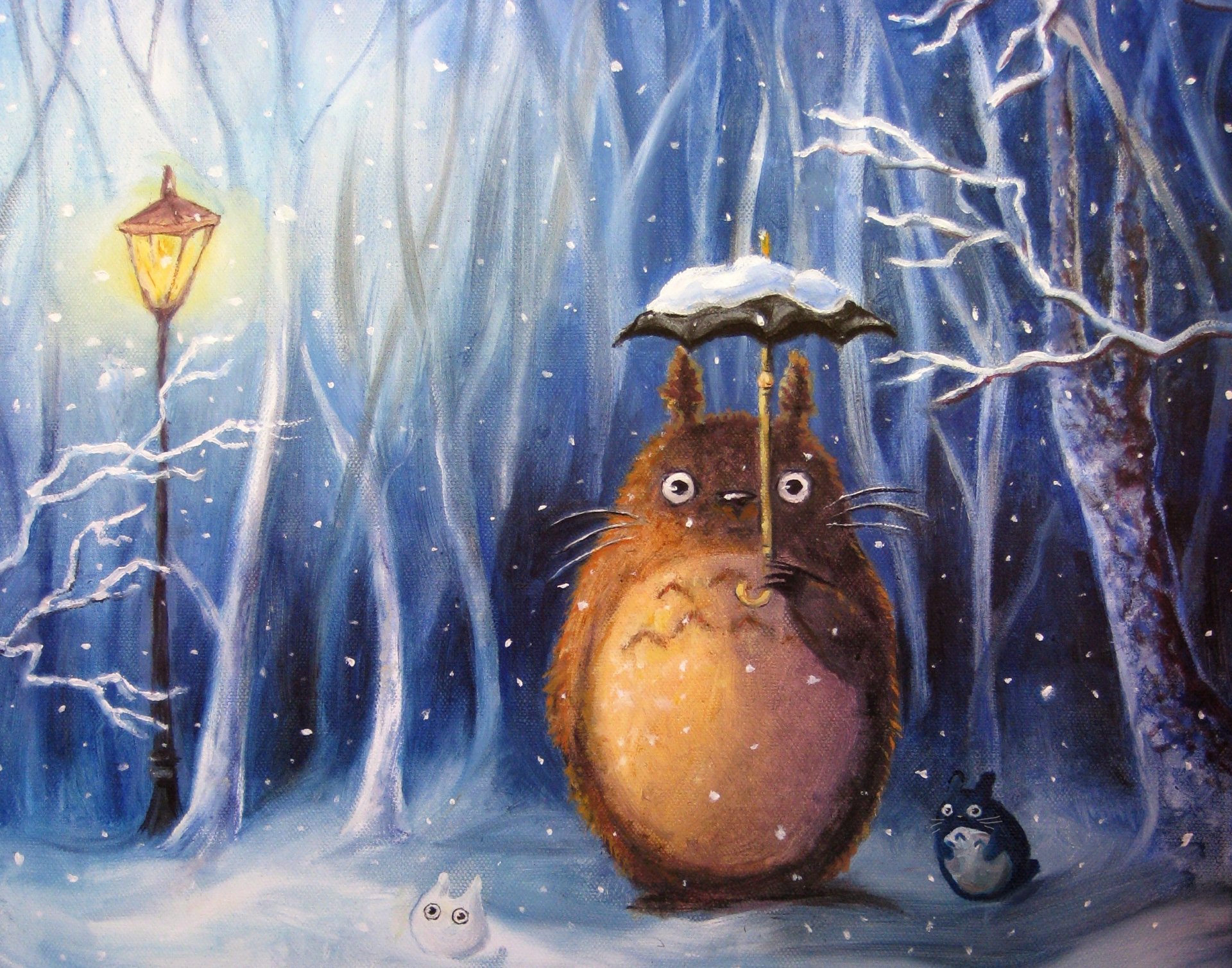 art villasukka mój sąsiad totoro totoro chibi totoro anime zima śnieg parasol latarnia