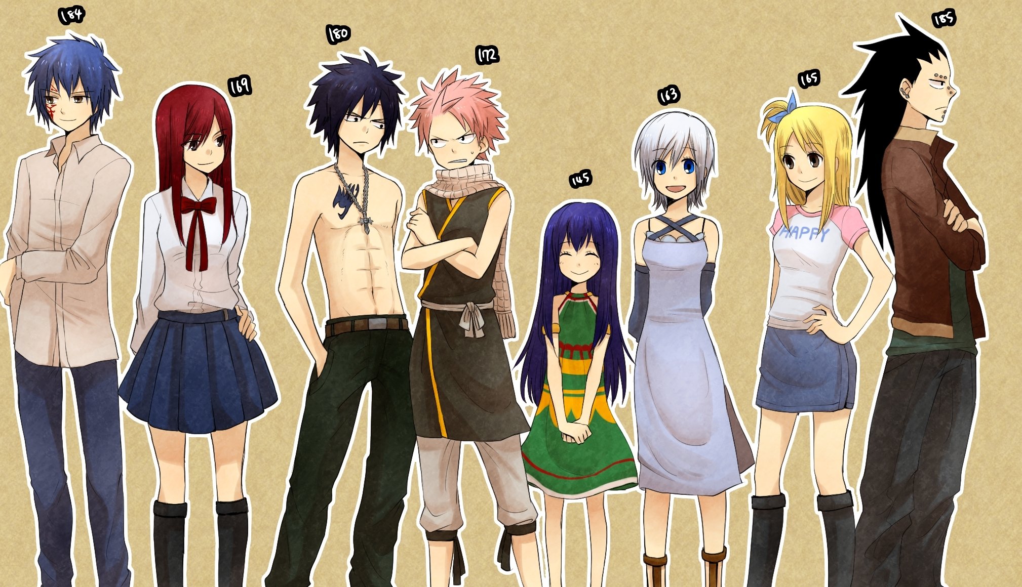 fairy tail fairy tail tale erza scarlet gajeel redfox szary jellal fernandez lisanna strauss lucy heartfilia natsu dragneel wendy marvell anime chłopaki dziewczyny wzrost szalik tatuaż krzyż sukienka uśmiech