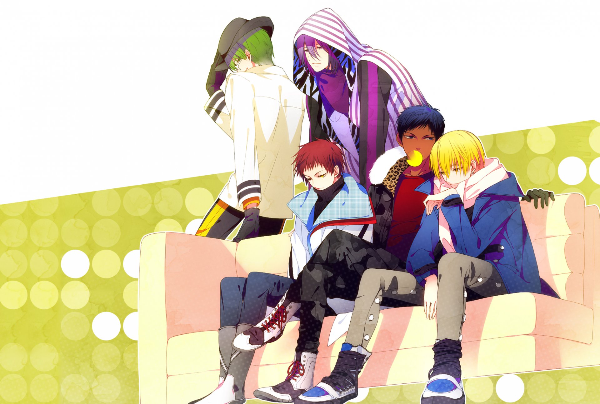 art hakusai anime basketball kuroko kuroko no basket akashi seijuurou aomine daiki kise ryouta midorima shintarou murasakibara atsushi man gum hood sofa