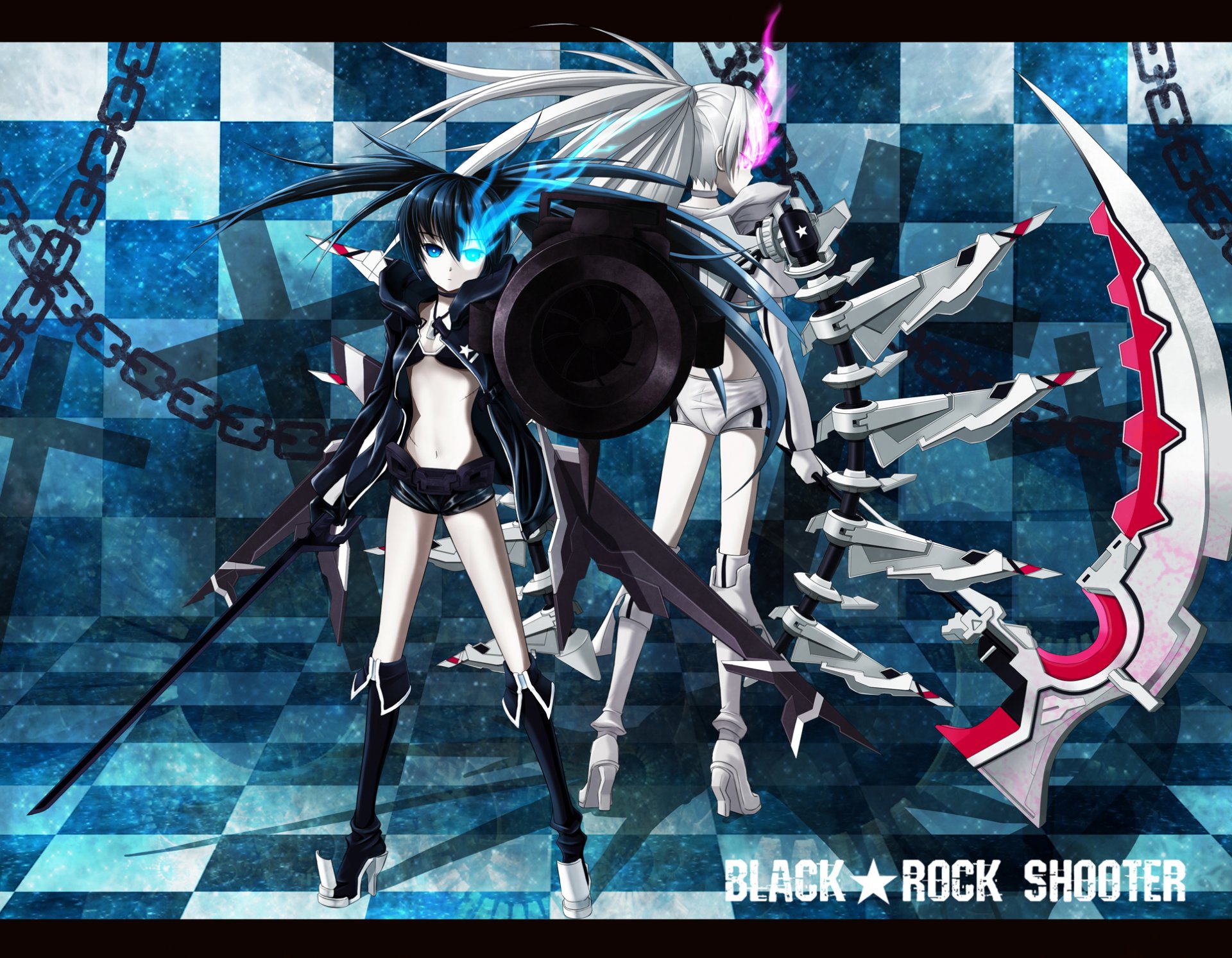 arte shinebell black rock shooter white rock shooter anime black rock shooter ragazze armi mato kuroi treccia spada catena asterisco cicatrice