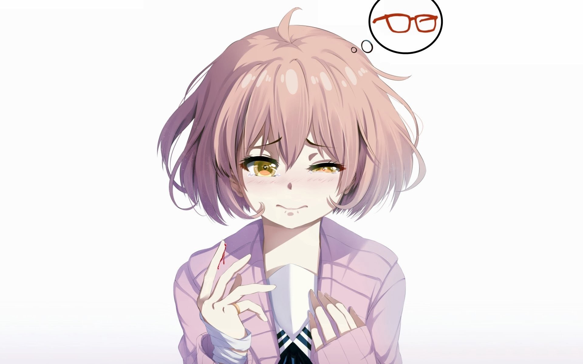 anime sztuka nie kyoukai nie kanata kuriyama mirai poza dziewczyna okulary płacze krew białe tło