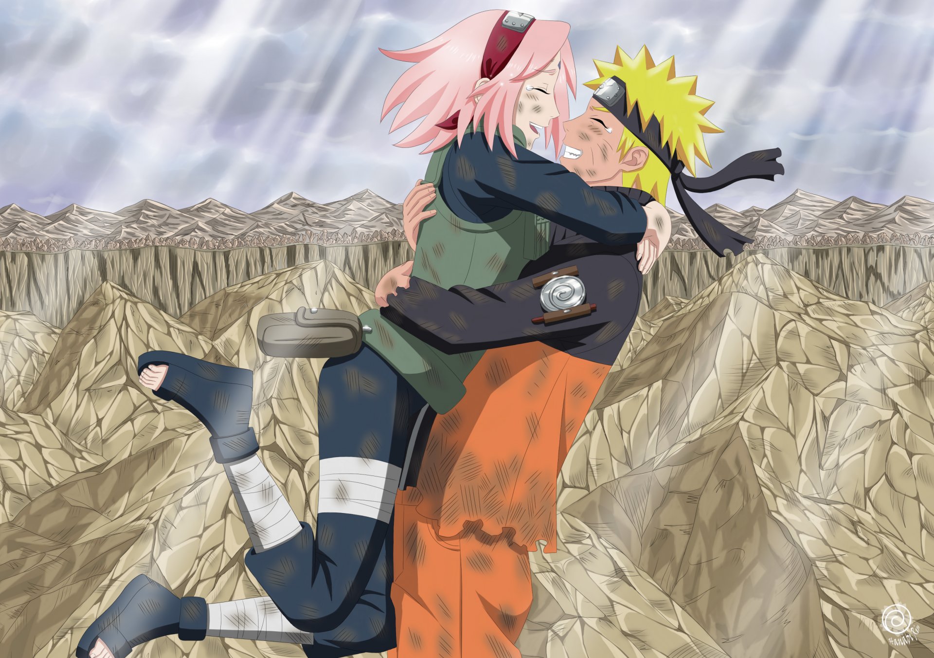 art hanabi-rin anime naruto uzumaki naruto haruno sakura guy girl happiness hug two light tears sky clouds mountain