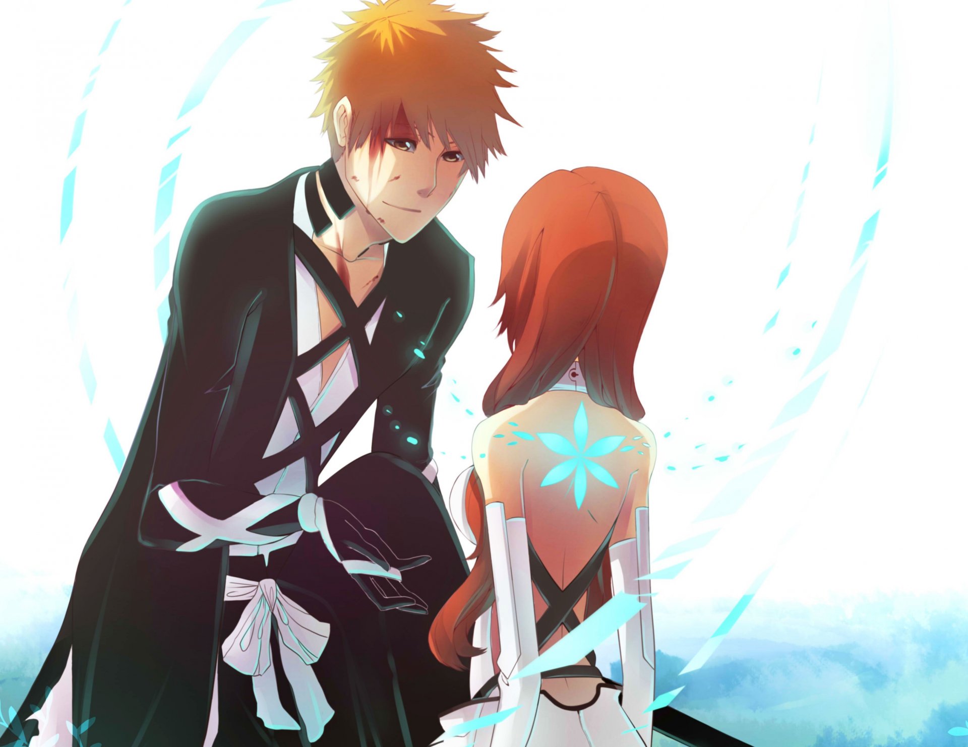 art persona92 bleach ichigo kurosaki inoue orihime anime dziewczyna chłopak kwiat ręka katana