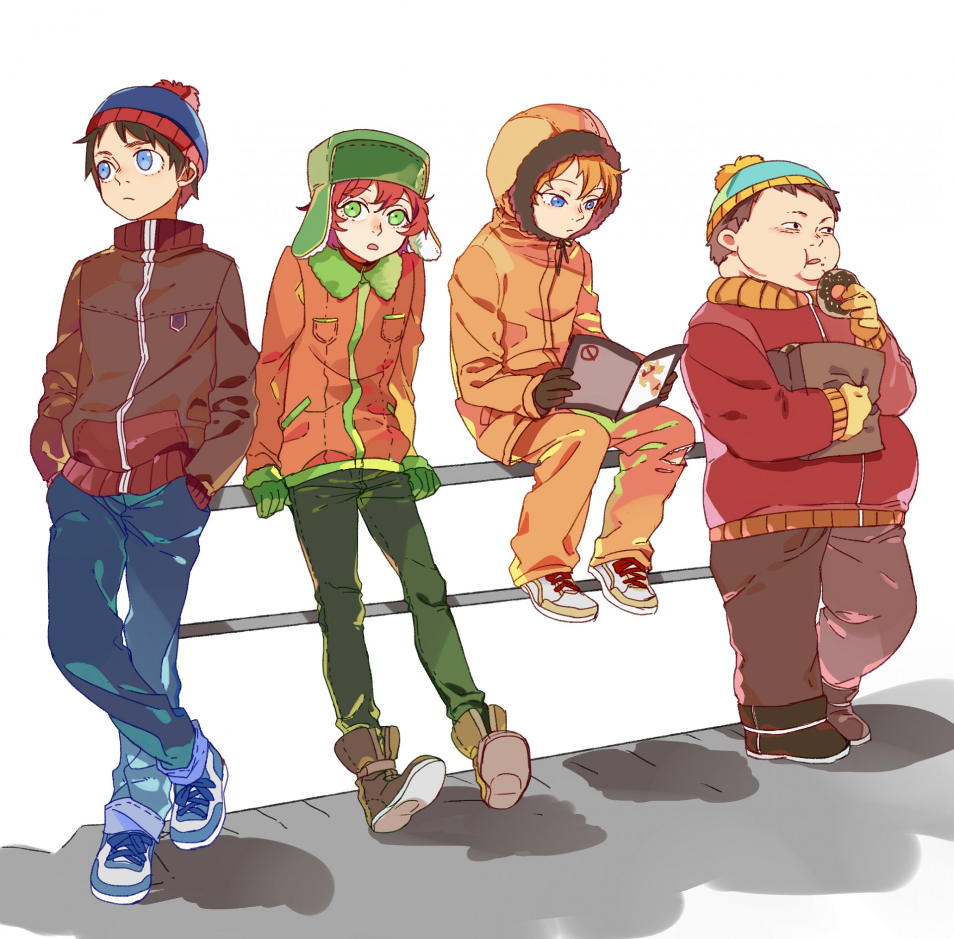 art newrein south park stanley randall marsh eric theodore cartman kenny mccormick kyle broflovski chłopcy anime pączek magazyn