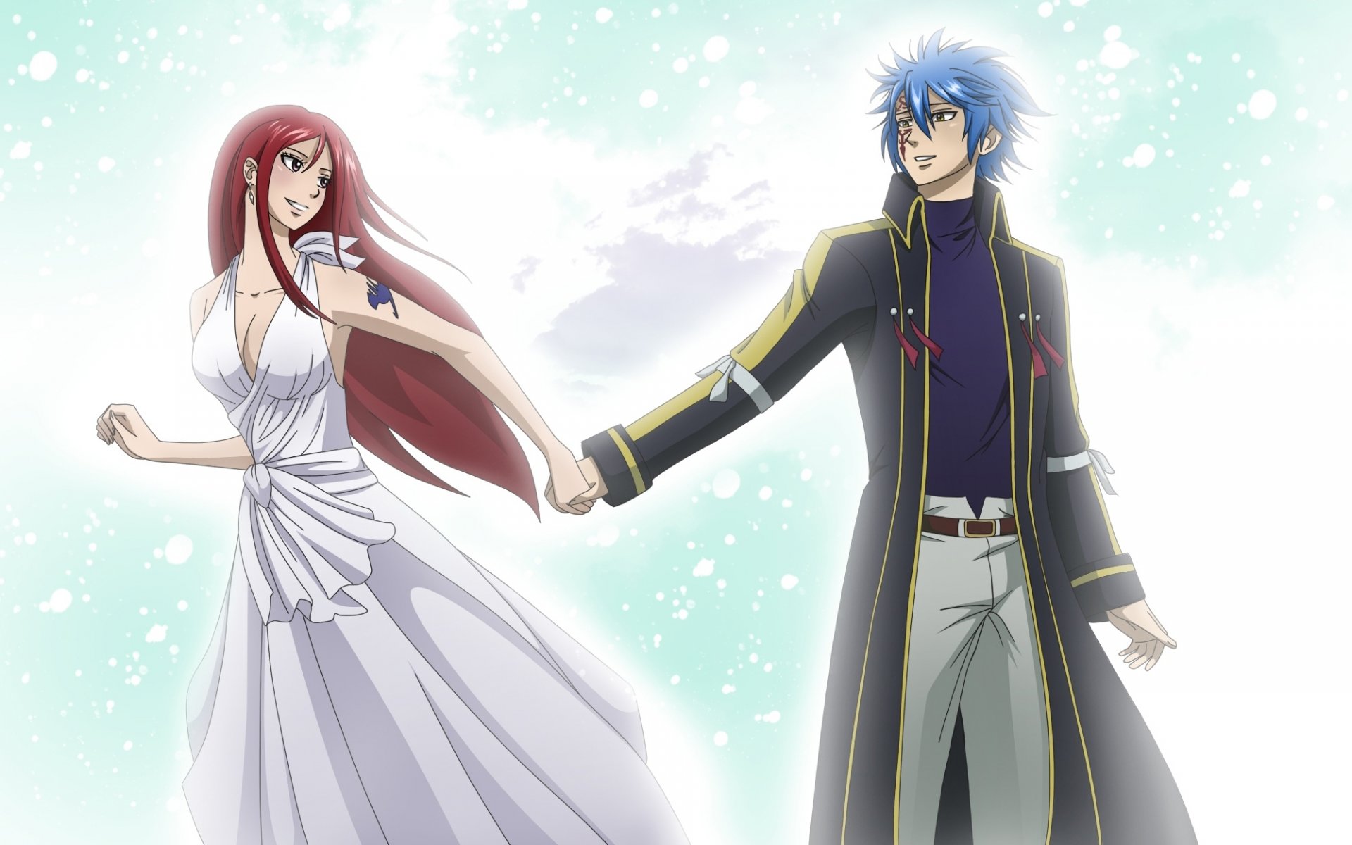 arte milady666 cuento de hadas erza scarlet jellal fernández anime chica chico cuento de hadas de cola nieve montañas invierno