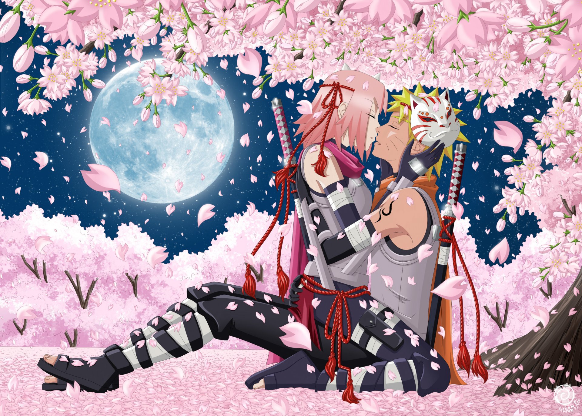 arte hanabi-rin anime naruto uzumaki naruto haruno sakura ragazza ragazzo notte luna alberi sakura fiori petali maschera katana armi abbracci coppia due bacio cielo stelle