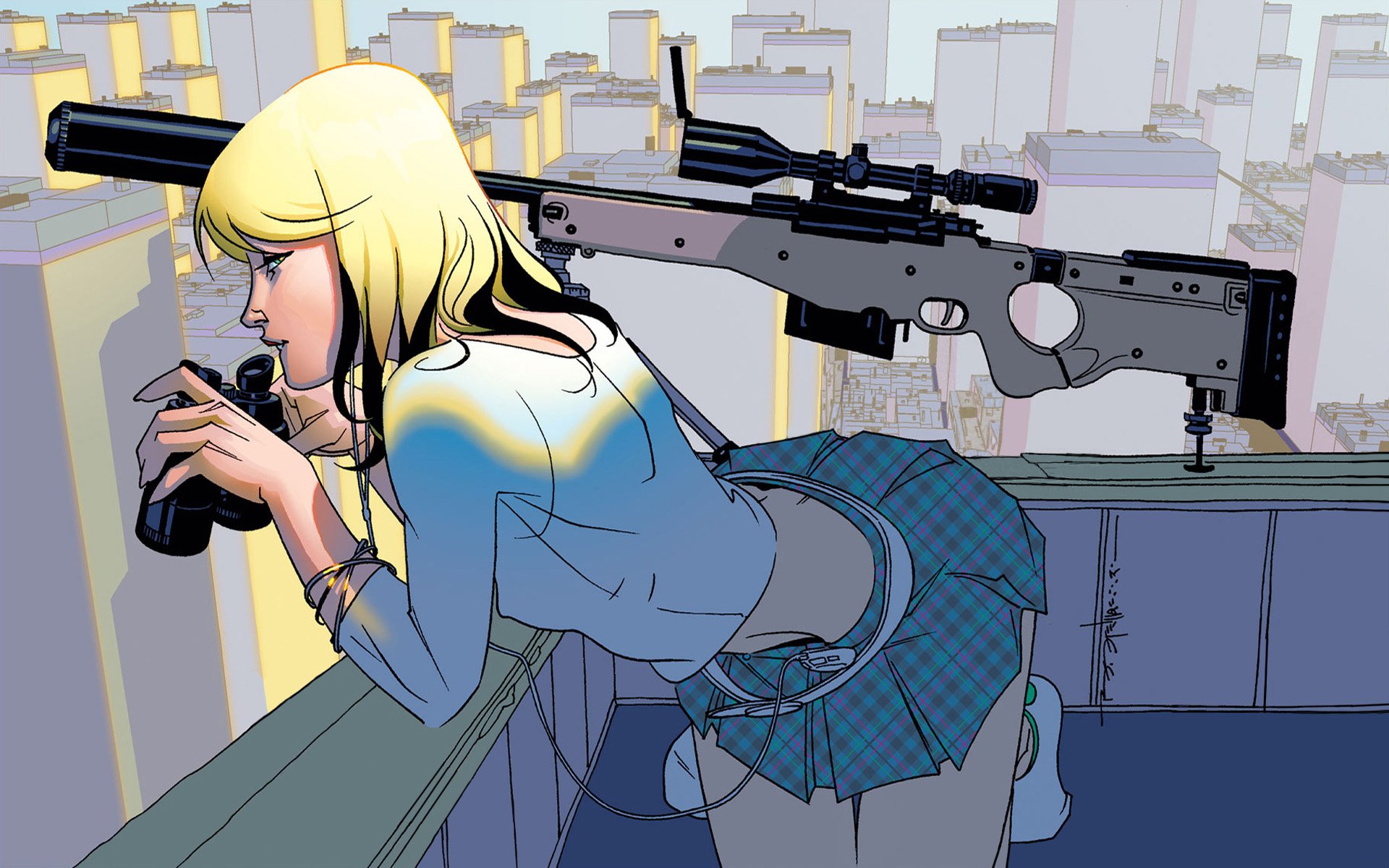 girl blonde observations glasses sniper sight rifle town roof