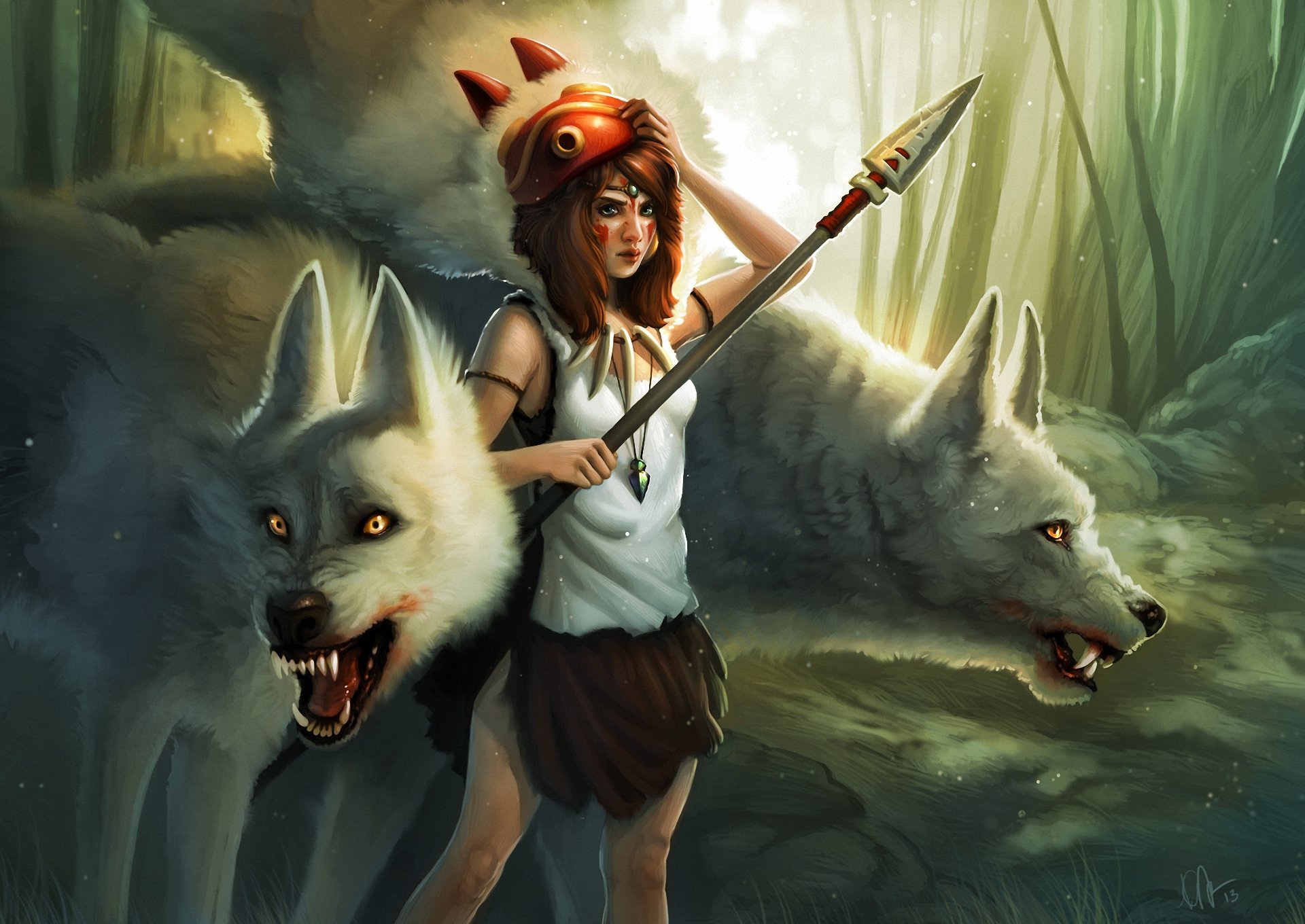 art kelly perry princesse mononoke fille masque lance loups pendentif forêt