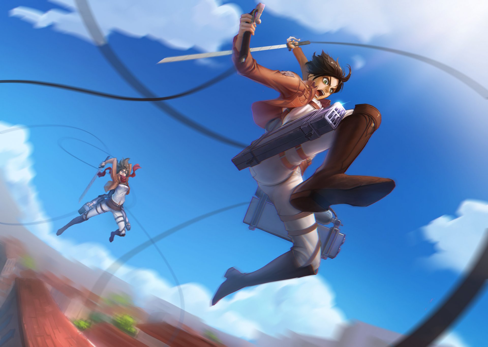 art renyu 1012 anime l invasion des géants shingeki pas kyojin mikasa ackerman eren jaeger gars fille épée ciel bataille nuages