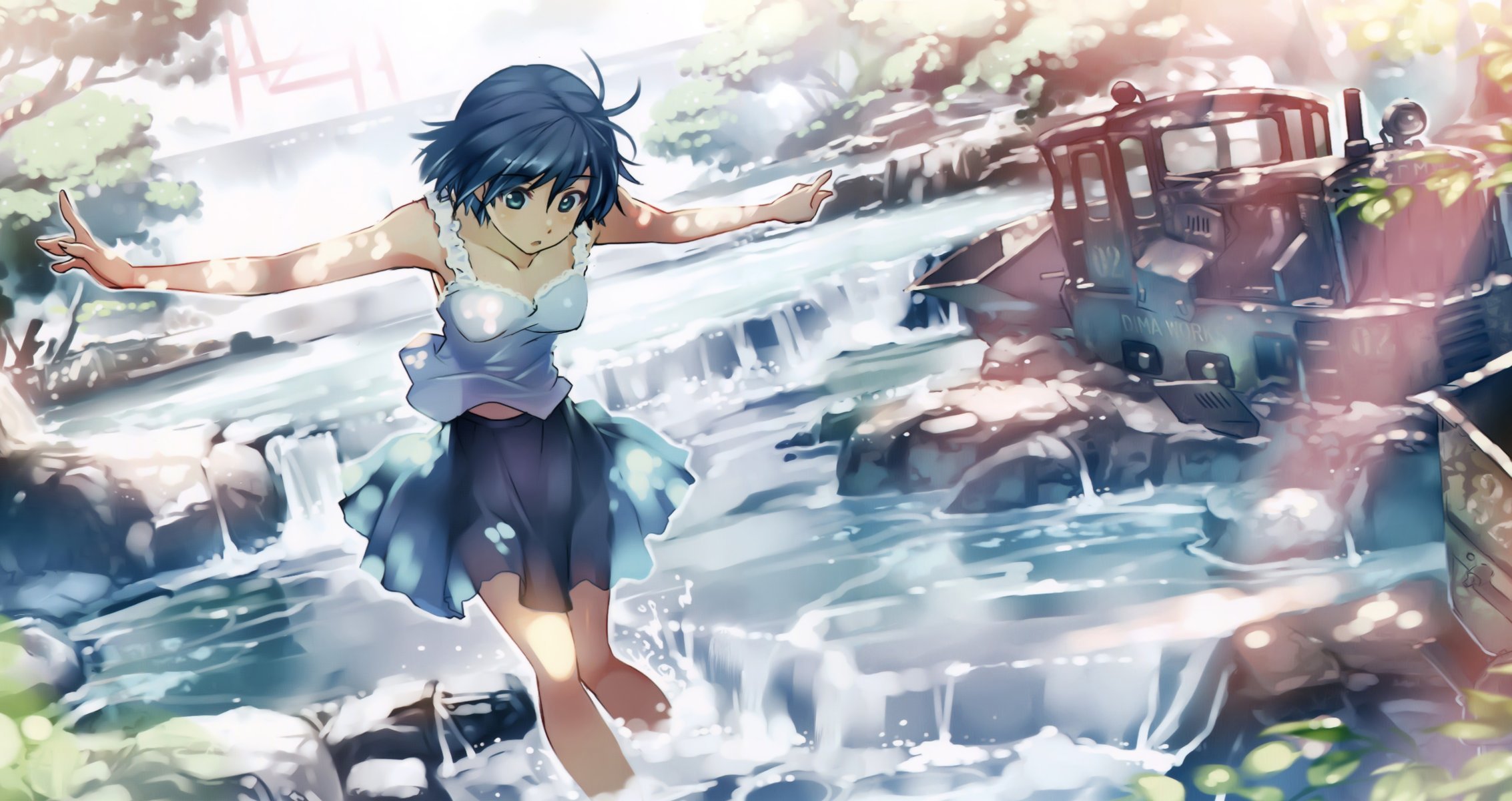 art vania600 girl anime water train nature tree ray