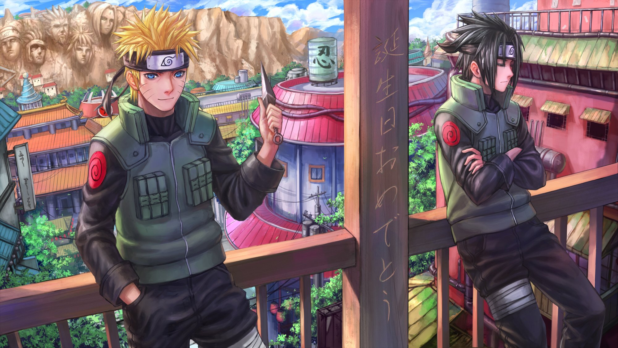 art zhouran naruto sasuke uzumaki naruto gars ville couteau balcon garde-corps hiéroglyphes rocher visage